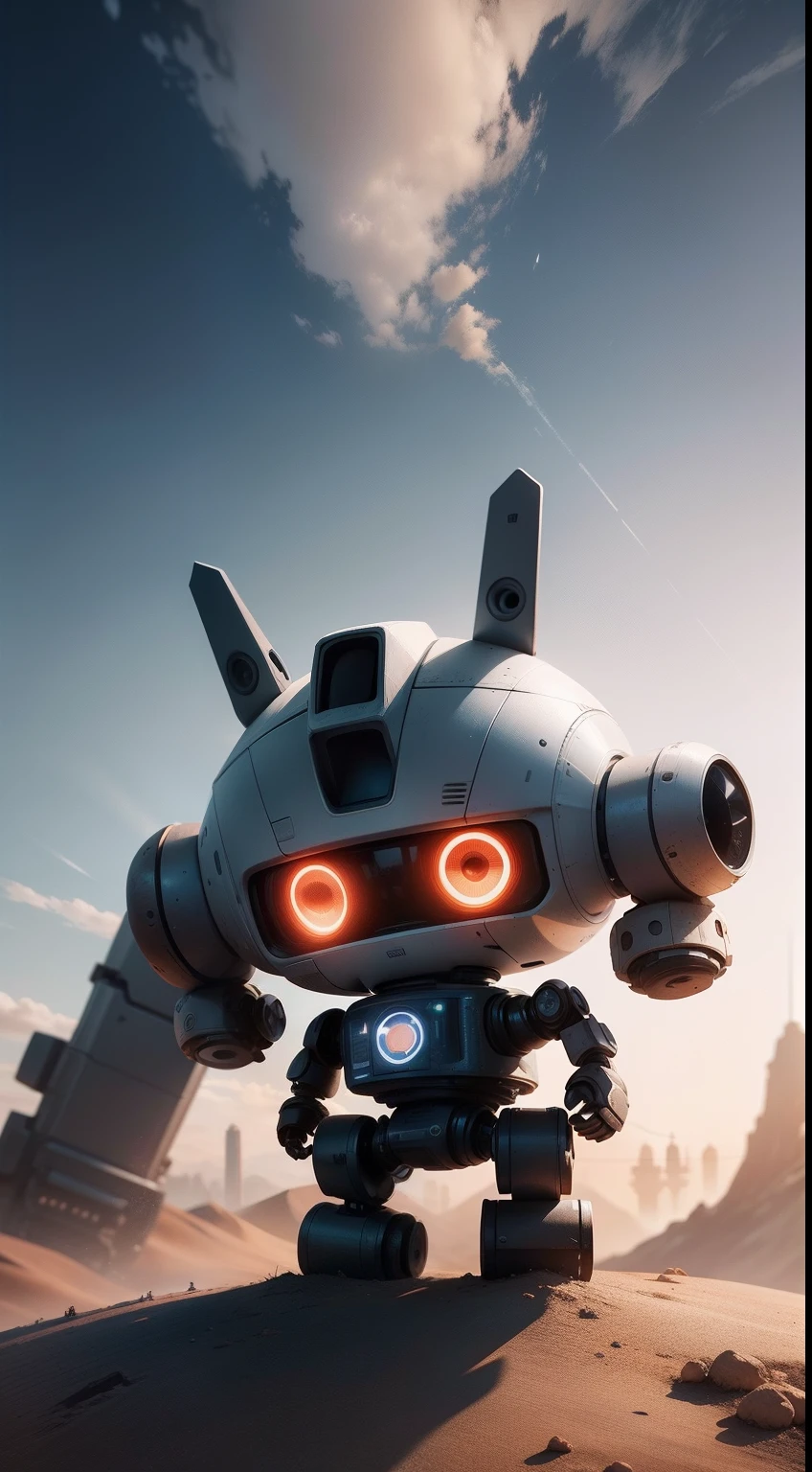 The future of technology is the backdrop，There is a very small robot in the upper corner "only one-fifteenth of the whole picture"，The whole picture should be cute，This is a poster