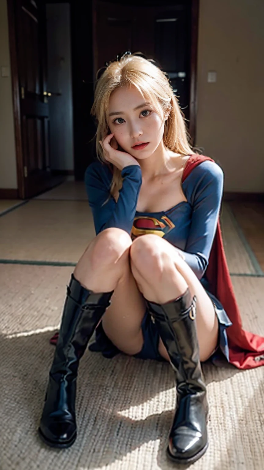 blond hairbl,21yo,Araki woman sitting on the floor wearing Supergirl costume dress, Yoshitomo Nara, author:Chai Mansion, Very realistic, Japanese, detailed shot legs-up, 2 b, 2b, very very very realistic, leg and thigh shot,Brown riding boots, komono, pensive expression、Melancholy、Open-mouthed、grieves、is shy、(Barelegs below、Dewy、Bare black pliers), Hips up, very detailed and high quality