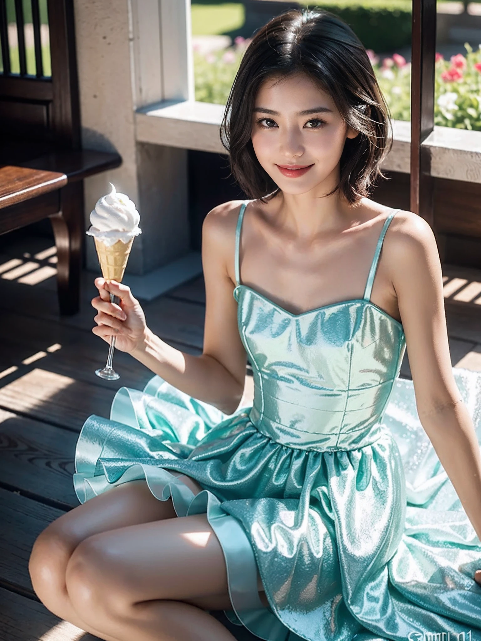((smallunderboob,Tomboyish,small heads)), (Well-defined abs: 1.1), (perfect bodies: 1.1), (shoulder-length straight short hair: 1.2), Black hair, upper body photos, attractive collarbone，（极其细致的CG 8k壁纸），（Extremely refined and beautiful），（Masterpiece），（best qualtiy：1.0），（超高分辨率：1.0），beautiful light up，Perfect lightning，realistic shaded，[A high resolution]，Smooth and flawless fair skin，ultra - detailed ，Elongated legs，flatchest，Slim，emaciated，Smile，cheerfulness，yellow Gorgeous fairy tale princess Lolita dress，White crystal high heels,an ice cream in hand，summer，morning sunlight，At Disneyland，Large fairytale castle，sunny，blue sky，white cloud，Close-up