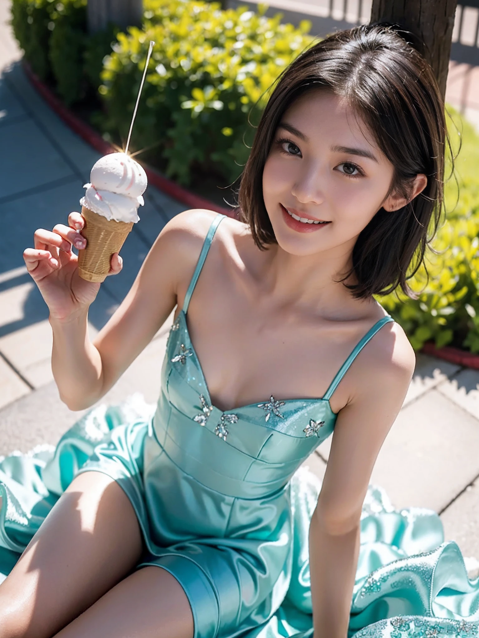 ((smallunderboob,Tomboyish,small heads)), (Well-defined abs: 1.1), (perfect bodies: 1.1), (shoulder-length straight short hair: 1.2), Black hair, upper body photos, attractive collarbone，（极其细致的CG 8k壁纸），（Extremely refined and beautiful），（Masterpiece），（best qualtiy：1.0），（超高分辨率：1.0），beautiful light up，Perfect lightning，realistic shaded，[A high resolution]，Smooth and flawless fair skin，ultra - detailed ，Elongated legs，flatchest，Slim，emaciated，Smile，cheerfulness，yellow Gorgeous fairy tale princess ta dress，White crystal high heels,an ice cream in hand，summer，morning sunlight，At Disneyland，Large fairytale castle，sunny，blue sky，white cloud，Close-up