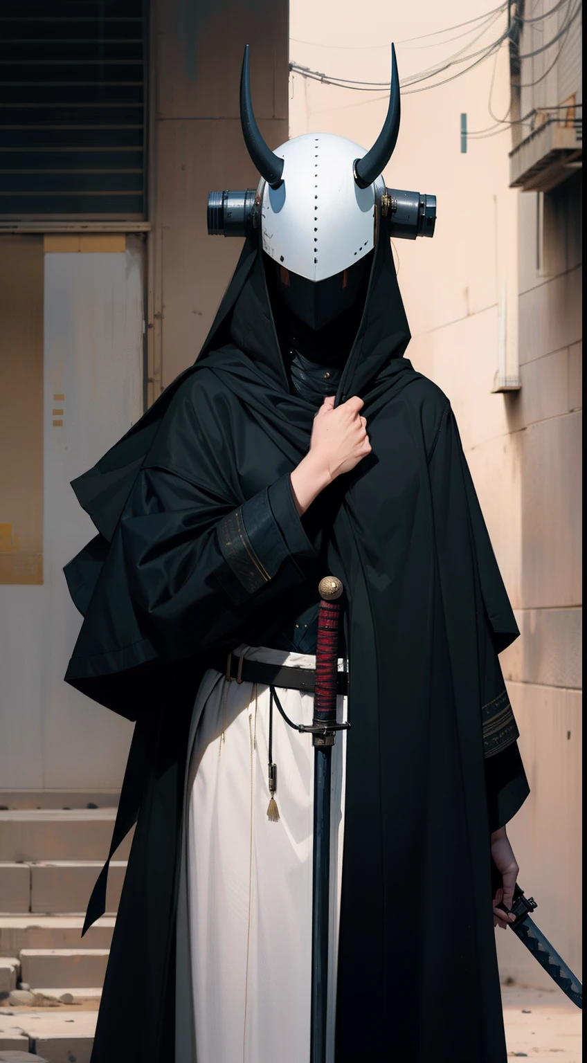 photorealistic, (hyperrealistic:1.2), beautiful, masterpiece, best quality, perfect lighting, derpd, mask, horns, cloak, faceless, katana, holding sword, detailed hands and fingers,