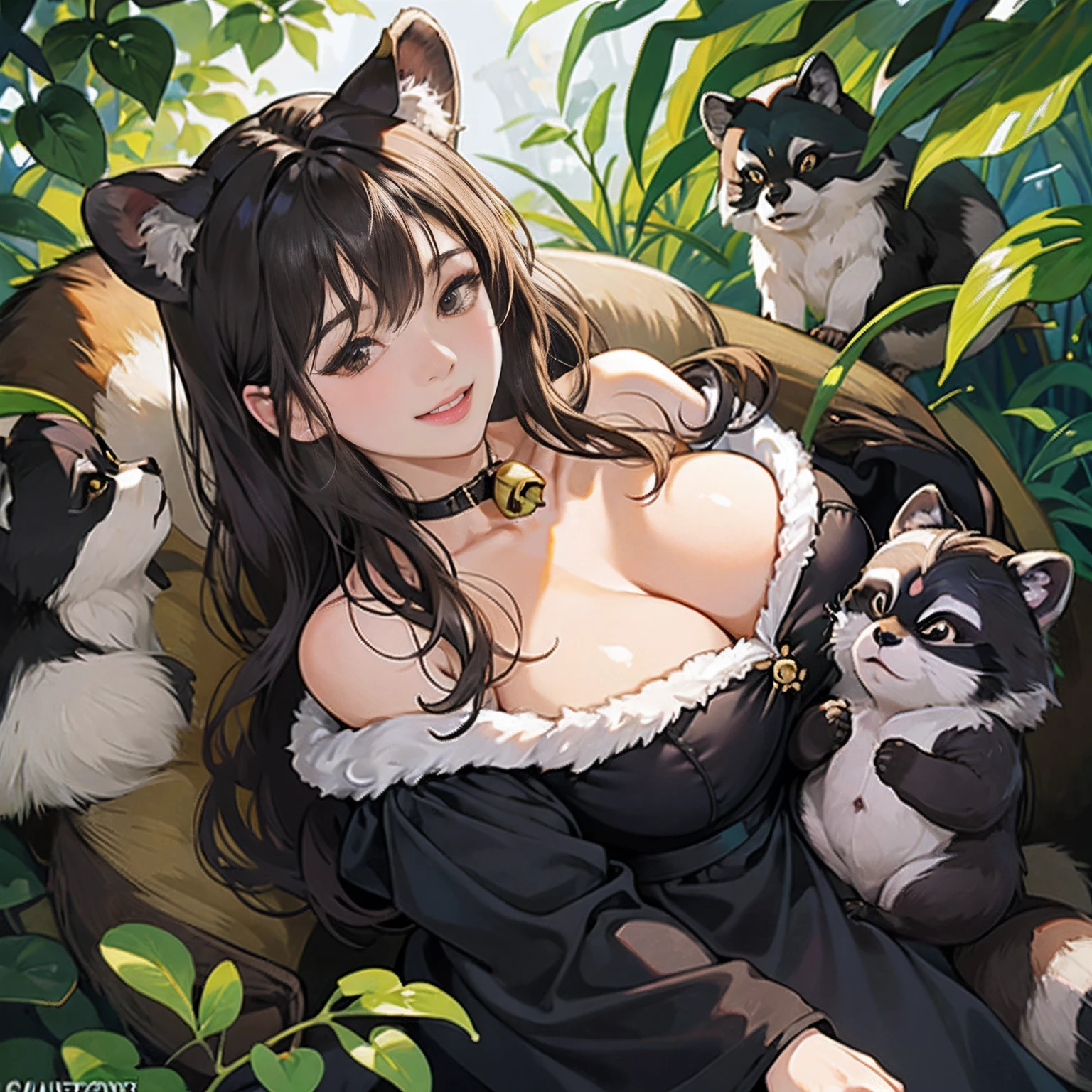 Women in Their 20s、 Fantasia、offcial art, unity 8k wall paper, ultra-detailliert, beautifly、Aesthetic, ​masterpiece, top-quality, Photorealsitic、Black eyes、Tanuki face、Tanuki Woman、Raccoon ears、Collar with bell:2.0、Brown and black fur dress、depth of fields, Fantastic atmosphere, Calm palette, tranquil mood, Soft shading、bbw、very large breast、plump figure、Huge breasts、In the dark forest、a plant、A flock of raccoon dogs:1.6、Happy smile、Playing with raccoon dogs