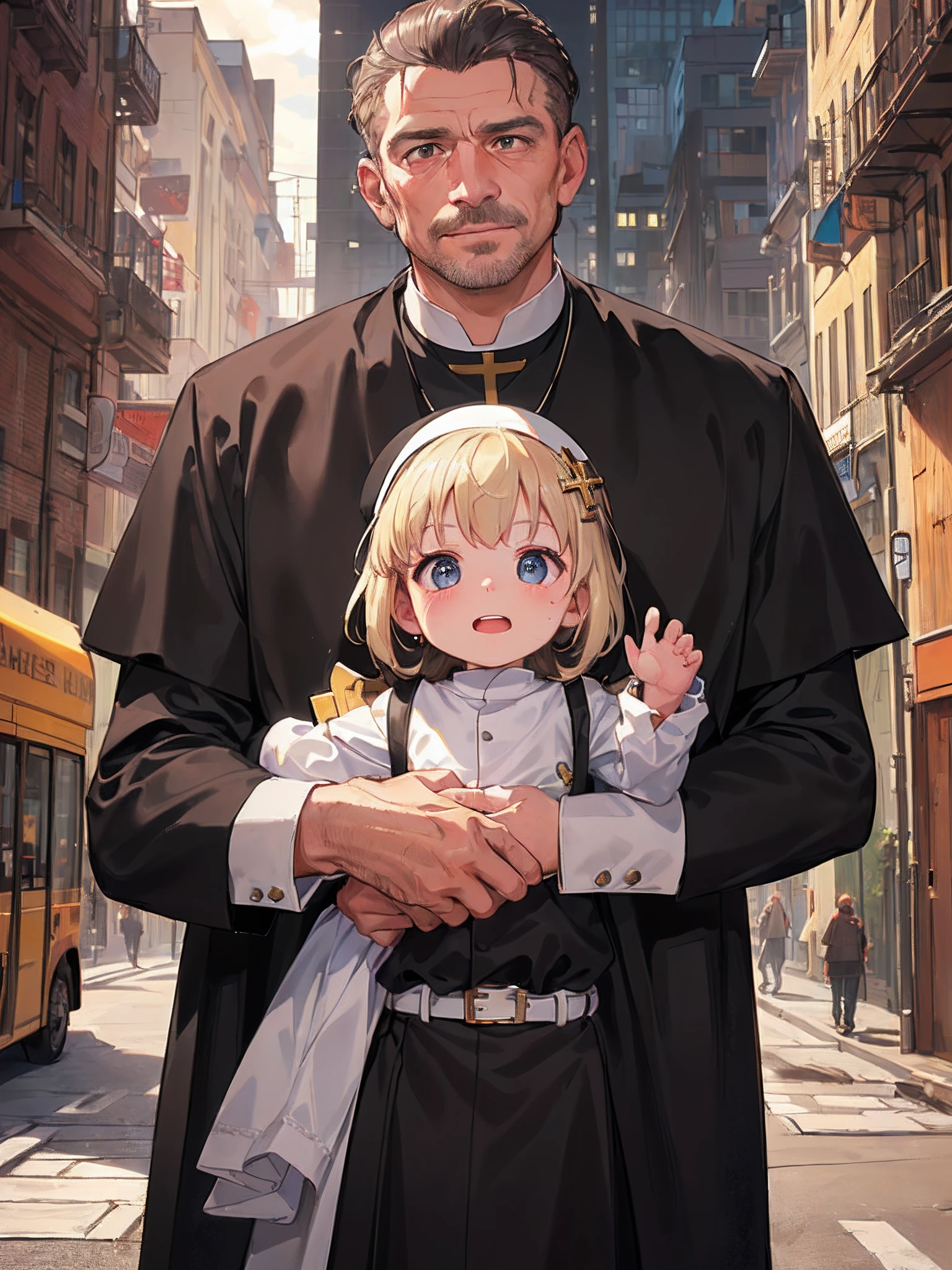 (((Clean, Masterpiece, Best quality, highly detailed, Professional, HD,HDR,UHD,16K))), middle-aged man, creepy smile, (faded hairstyle), (Father priest outfit:1.3), (kidnapping a child:1.3), the child is terrified, city streets, (people:1.3)