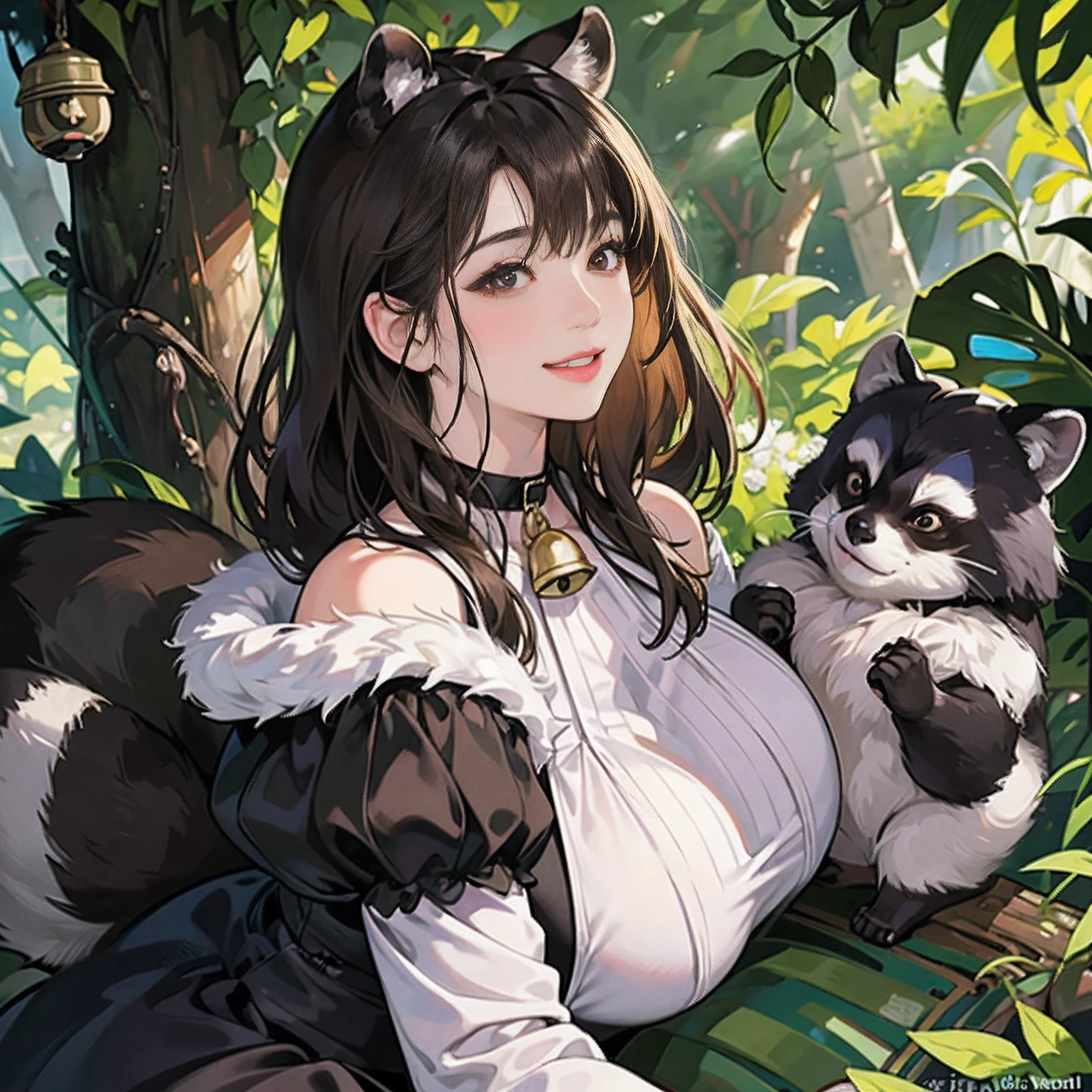 Two women in their 20s、 fanciful、offcial art, unity 8k wall paper, ultra - detailed, prettify、Aesthetic, tmasterpiece, top-quality, Photorealsitic、Black eyes、Tanuki face、Tanuki girl、Tanuki ears、Tanuki tail、Colar with bells:2.0、Brown and black fur dress、depth of fields, Fantastic atmosphere, calm color palette, Tranquil Mood, Soft Shading、whm、very Bigger breasts、busty figure、Huge breasts、In the dark forest、A plant、Flushed cheeks、Lick your cheeks、Get along，(Perfect hands, with perfect legs，perfect foot，Perfect anatomy),blackstockings，Silk feet，Black pantyhose，black pantyhoses，black lence stockings，Type M，transparent pubic hair，Bigchest，long leges，cleavage，low chest，cropped shoulders，Hold your legs with both hands，Hold your legs，Knees，knee hugging，Split legs，squatt，squatting pose，No shoes