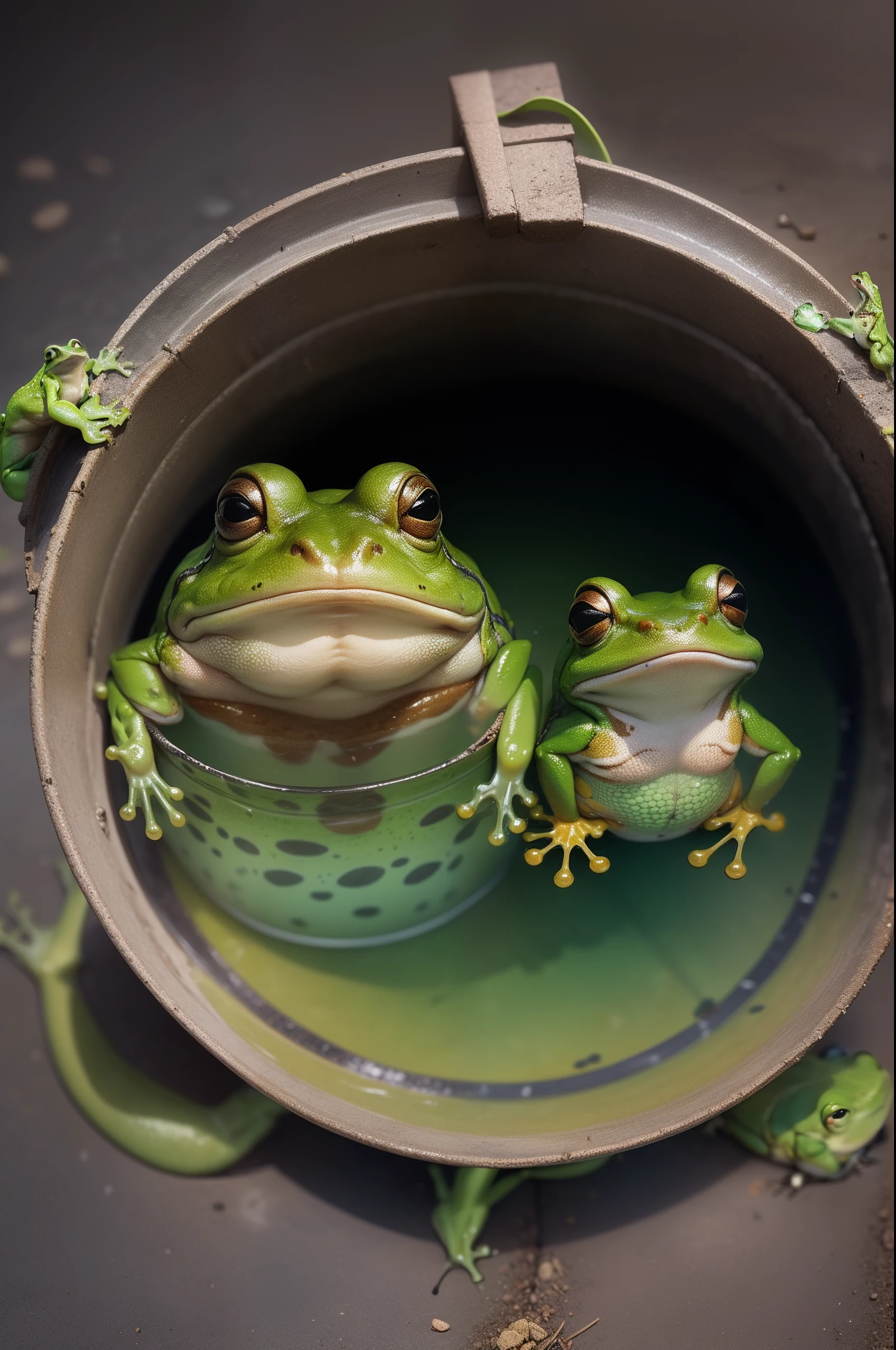 2 frogs, a fat and chubby frog and slender and a thin frog looking inside deep bucket top view