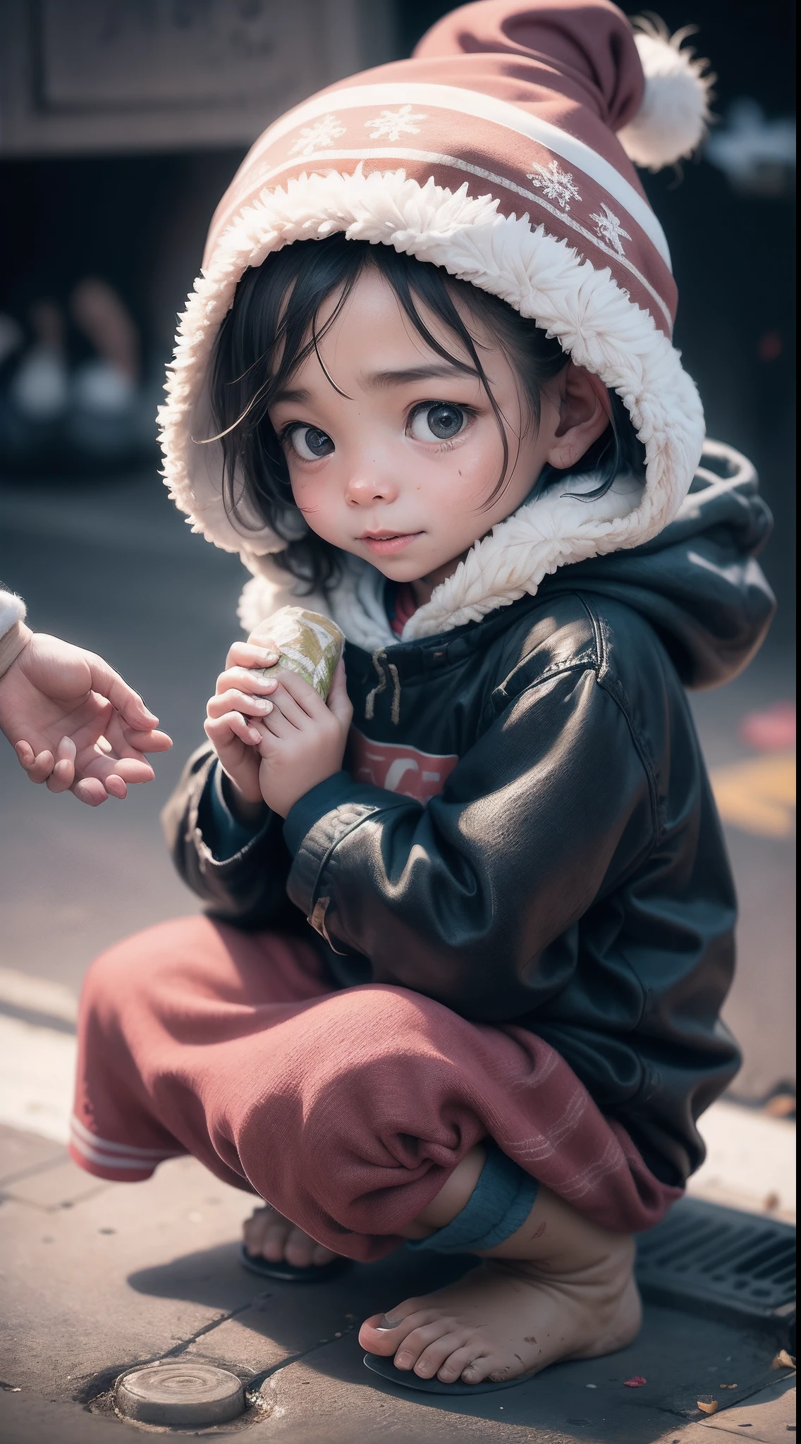 At Christmas, A again gives alms to the homeless, Bums are dirty, The child's face is full of love and helping others