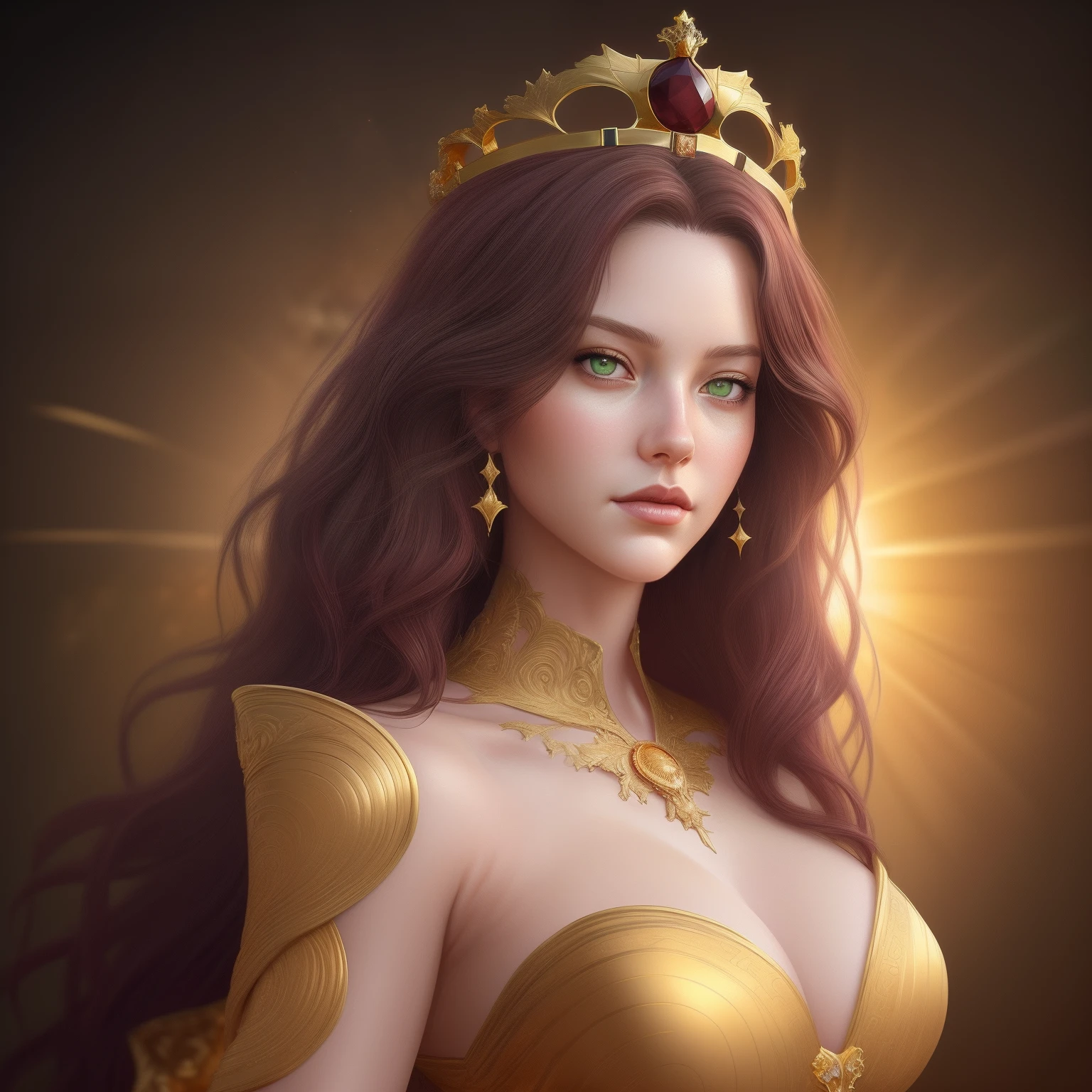 Realistic regal woman posing for a photo, looking at camera,(wavy burgundy hair), (light green eyes), hair with many details, beautiful sensual neckline, medium breasts, 8k artgerm bokeh, fanart best artstation, render photorealistic girl, guweiz-style art, inspired by WLOP, ig model | artgerm, detailed portrait, stunning portrait of realistic face, beautiful portrait, deviantart artstation cgscosiety, ((sun goddess with crown in gold gown))