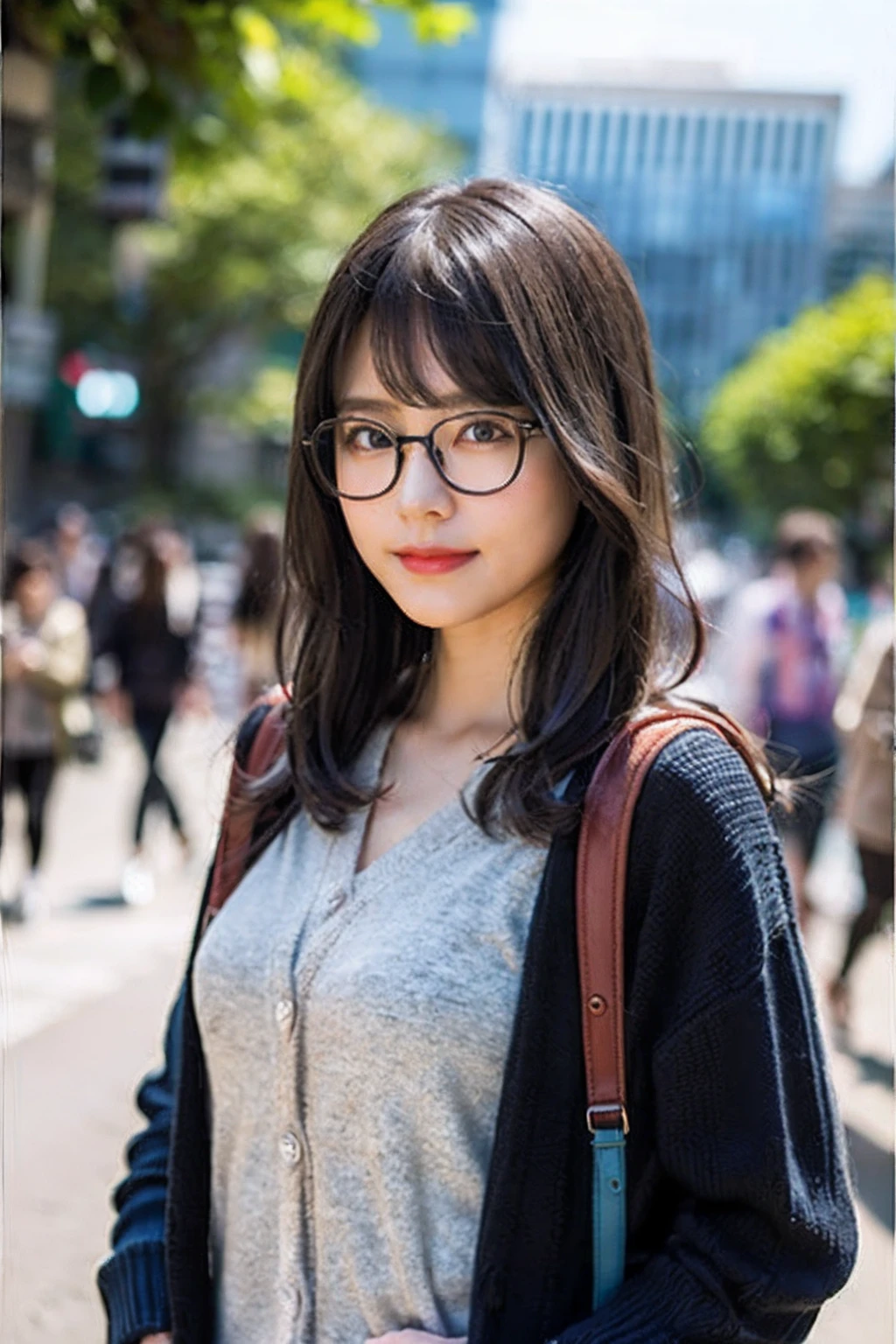 (8K、Raw photography、top-quality、masterpiece:1.2)、(realisitic、Photorealsitic:1.37)、ultra-detailliert、超A high resolution、女の子1人、see the beholder、beautifull detailed face、Smile、Constriction、(Slim waist) :1.3)、((Wearing a cardigan))、pastel clothing、Beautiful detailed skin、Skin Texture、Floating hair、((semi long hair))、large breasts with good shape、Professional Lighting、In front of the station at noon、((Black square glasses))、Whole human body、Black hair、((Have a small rucksack))、