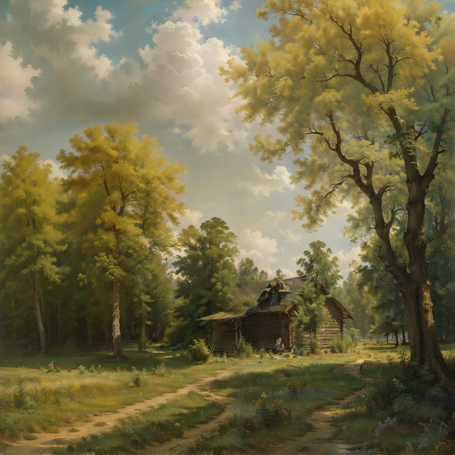 Oil paints，acrycle painting，tmasterpiece，Renaissance style，best qualtiy，Golden space，idyllic scenery，Lodge，The tree，florals，grassy，Skysky，​​clouds，ssee-through，Realist landscape painting，author:Levitan，Itinerant Schools，stefan koidl inspired, Inspired by George Caleb Bingham, author：Ludwik Konarzewski Jr, author：Fyodor Rokotov, Beautiful oil matte painting, author：Karl Kopinski, author：Eugene S.. Martin, author：Andrei Esionov, Stefan Cordell