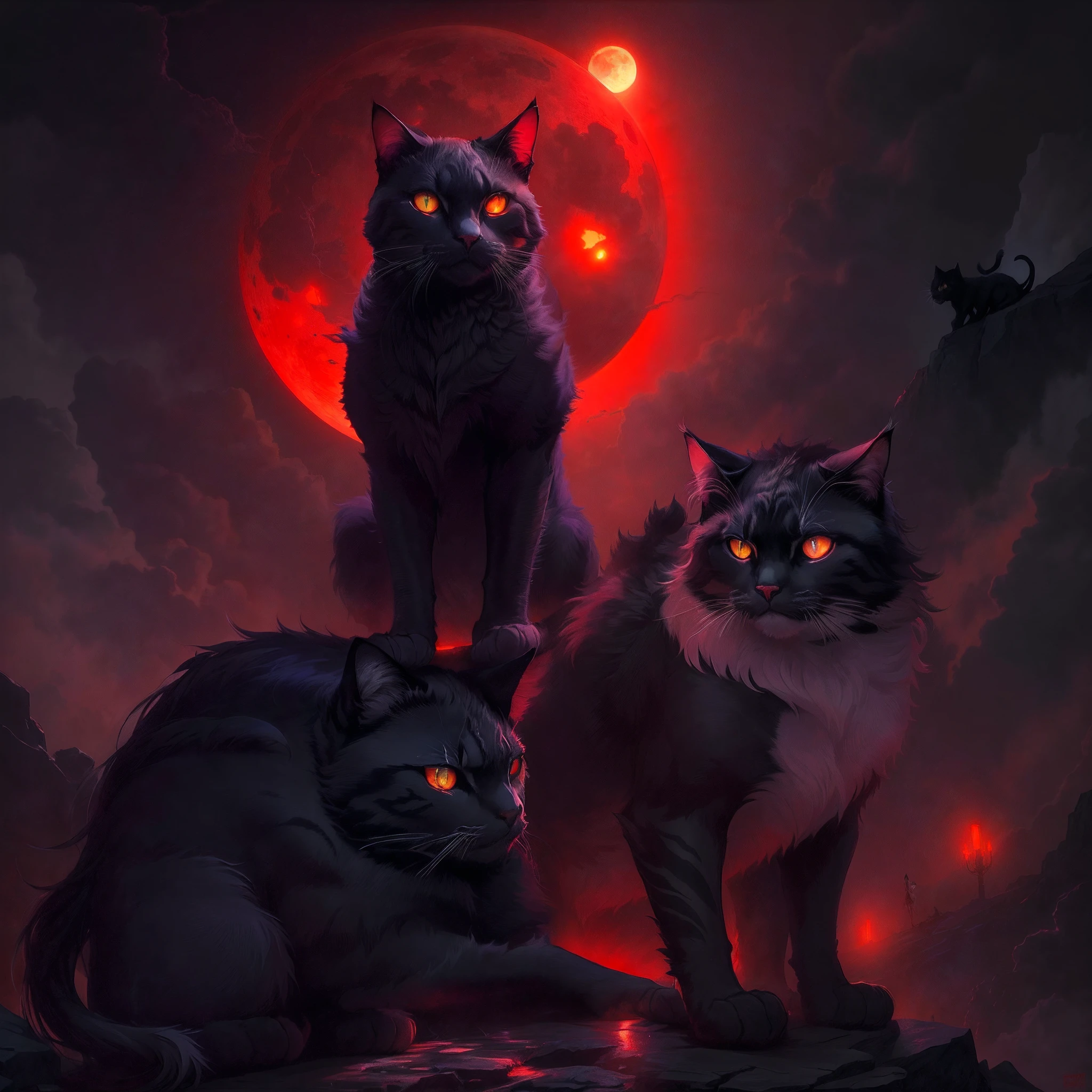 there are two cats sitting on a rock under a full moon, warrior cats fan art, the dark god of cats, warrior cats, demon cat, with red glowing eyes, by Galen Dara, stylized urban fantasy artwork