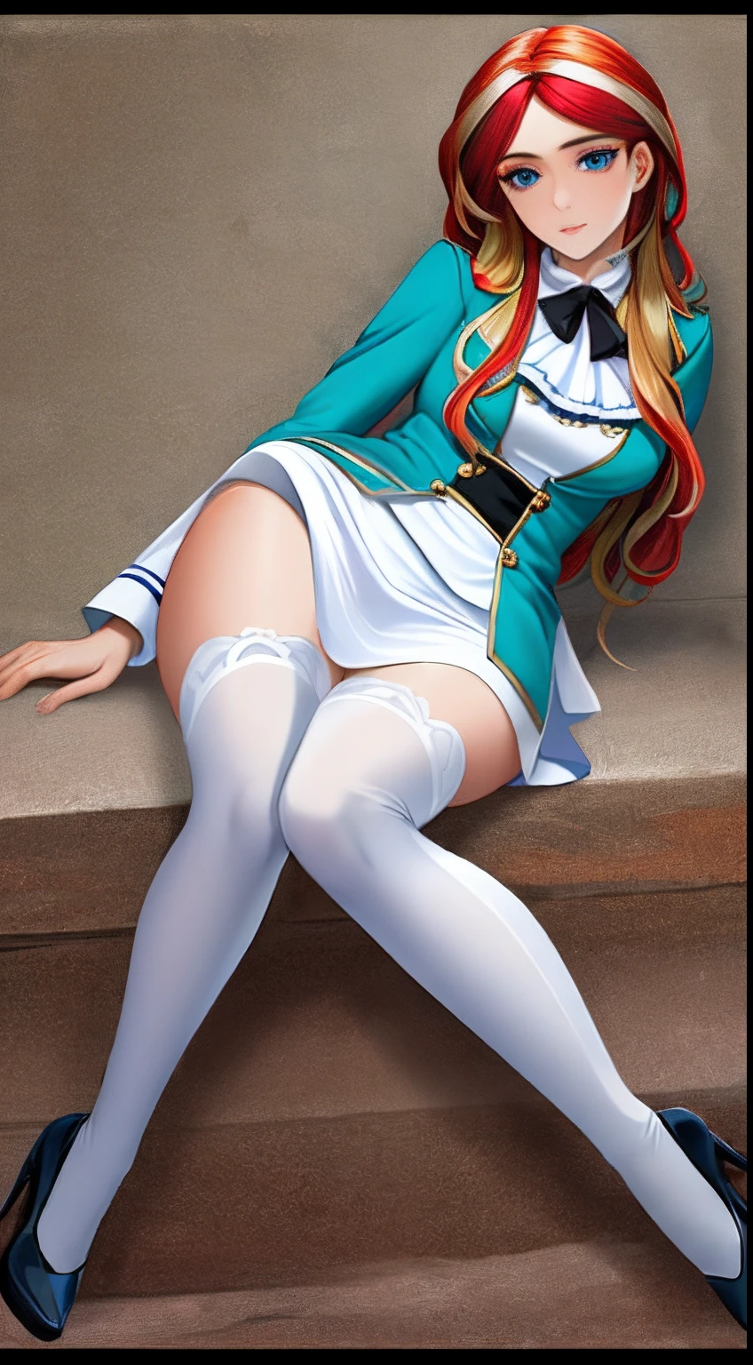 ((best quality)), ((highly detailed)), masterpiece, (detailed eyes, deep eyes), (1girl), SunsetHuman, (multicolored hair, (two-tone hair:1.1), red and blonde hair), BREAK, aqua eyes, same color jacket, juliet sleeves, ascot, same color pencil skirt, white thighhighs, same color high heels, full body