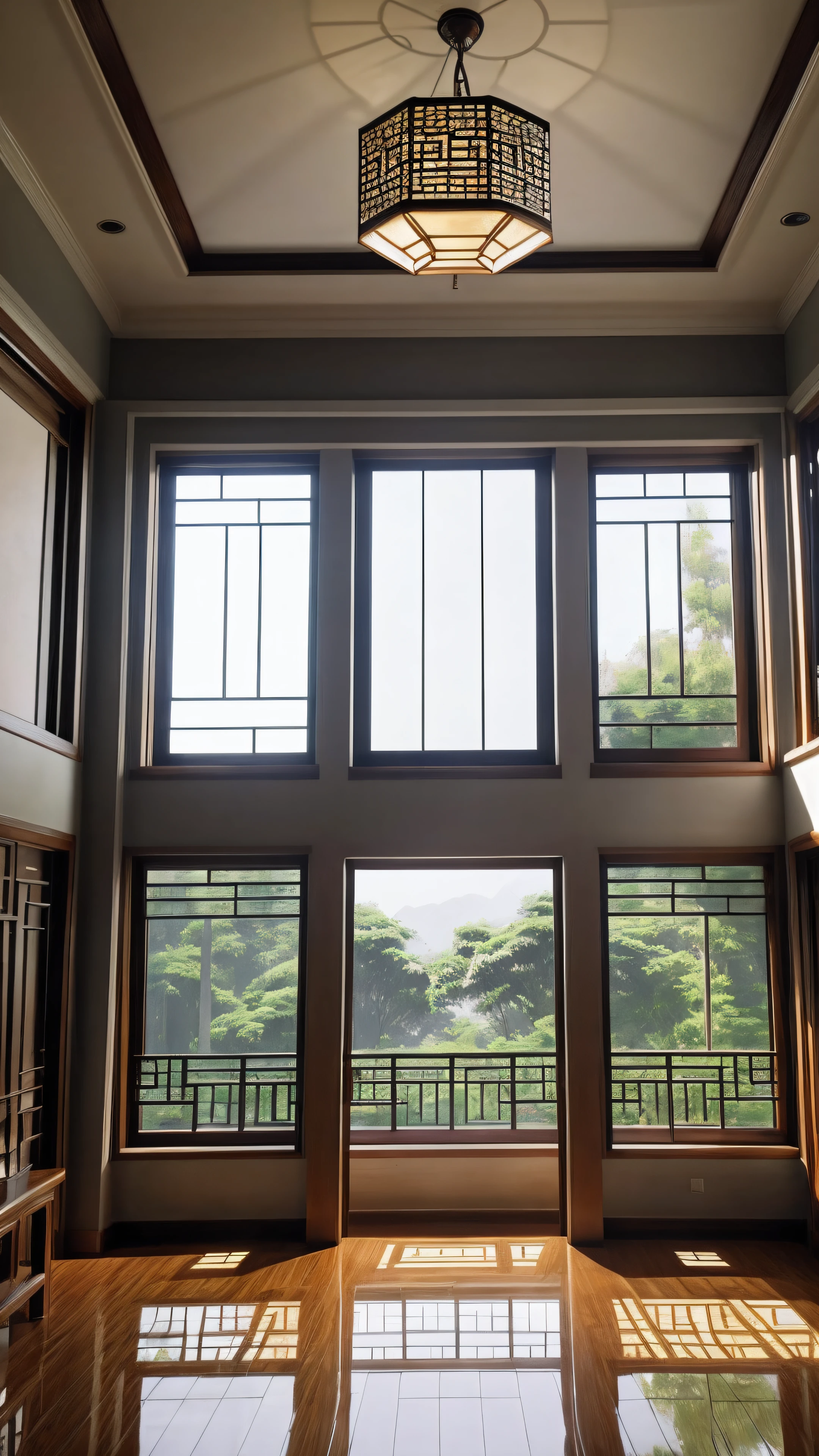Chinese square floor-to-ceiling windows,Large gray windows,China-style,East Asian style,Inside the house,Inside the house,View in front of the window,The house is empty,Light shades