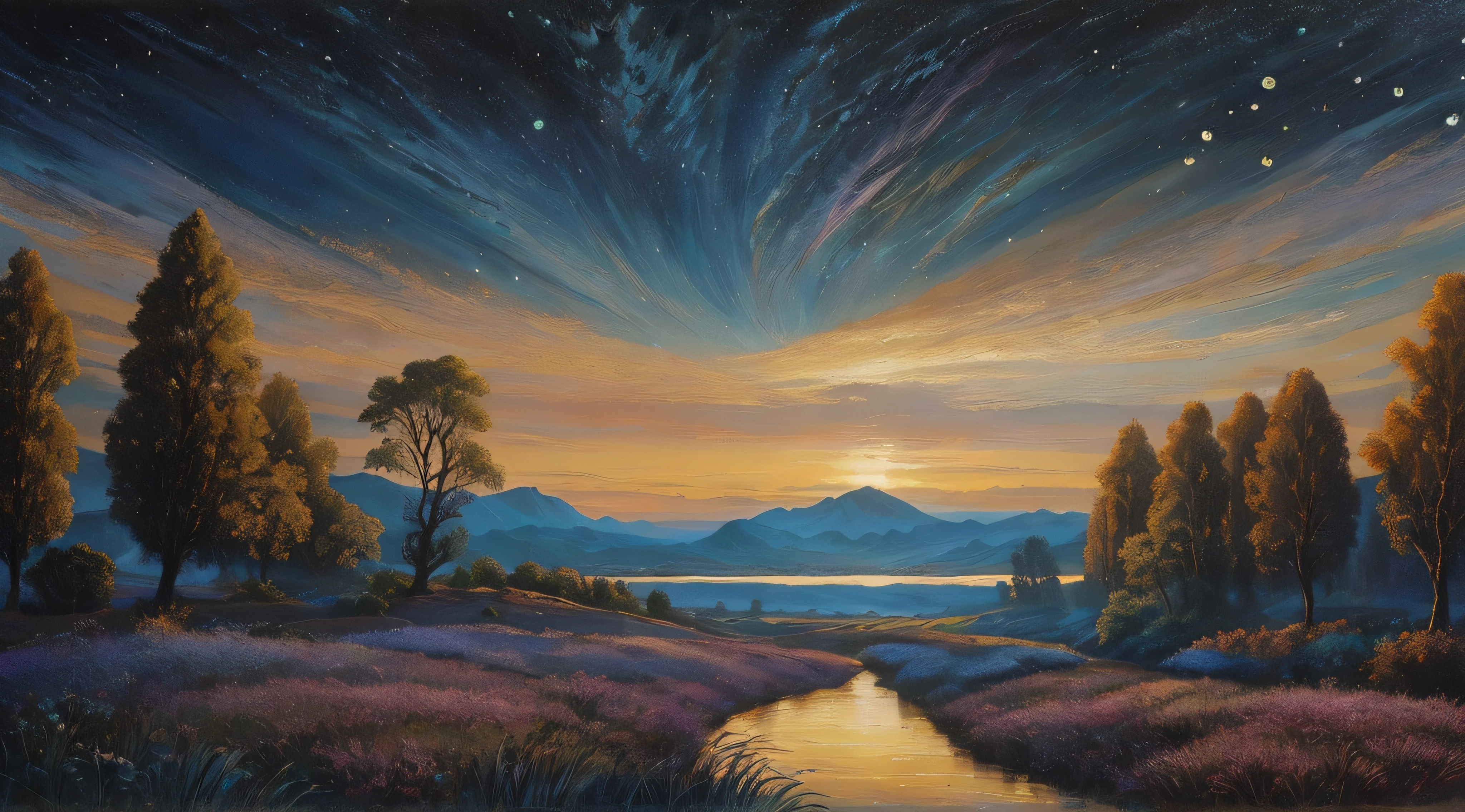 painting of a river crossing a field with trees and mountains in the background, Painting of a dreamlike landscape, rob mcnaughton, Angus McKie •, inspirado em Tim White, epic surrealism 8k oil painting, paisagem dos sonhos, whimsical fantasy landscape art, Directed by: Michael James Smith, Paisagem de sonho surreal, cosmic landscape, paisagem surreal, magical landscape, estilo de tim branco