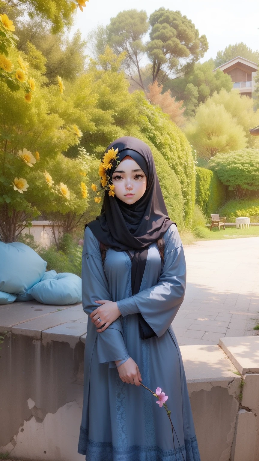 Cute anime girl character with hijab, holding a flower in hand