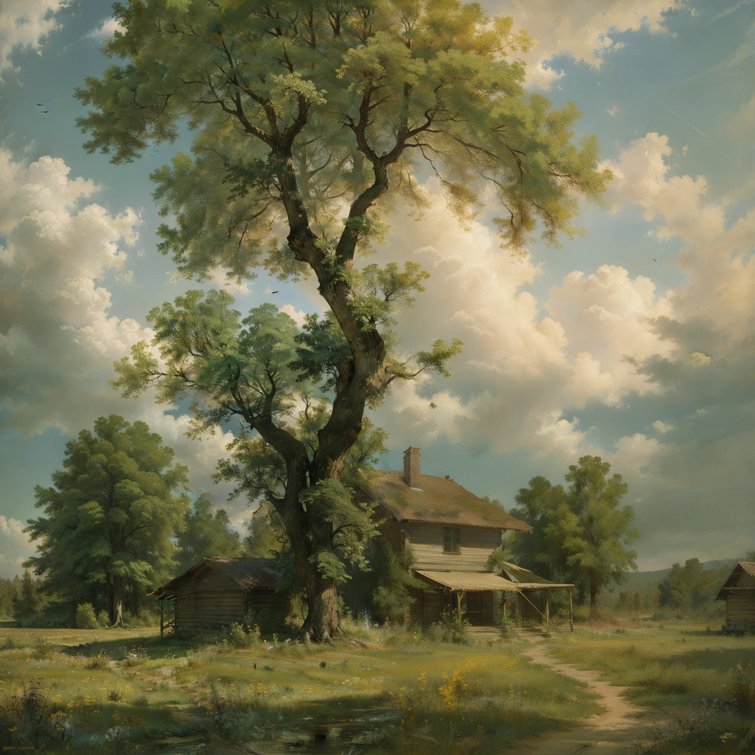 Oil paints，acrycle painting，tmasterpiece，Renaissance style，best qualtiy，Golden space，idyllic scenery，Lodge，The tree，florals，grassy，Skysky，​​clouds，ssee-through，Realist landscape painting，author:Levitan，Itinerant Schools，stefan koidl inspired, Inspired by George Caleb Bingham, author：Ludwik Konarzewski Jr, author：Fyodor Rokotov, Beautiful oil matte painting, author：Karl Kopinski, author：Eugene S.. Martin, author：Andrei Esionov, Stefan Cordell