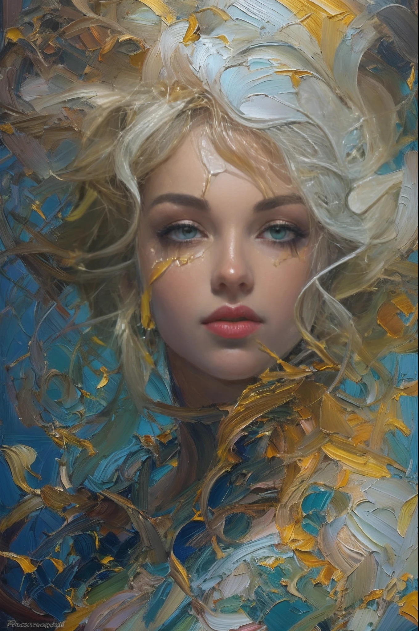 ModelShoot style, (Extremely detailed Cg Unity 8K wallpaper), A chaotic storm of intricate liquid smoke in the head, Stylized abstract portrait close-up of beautiful girl, Extremely colorful,Oil paints,acrycle painting,tmasterpiece,Renaissance style,best qualtiy,author:Petros Afshar, ross tran, tom whalen, Peter Mohrbacher, Art germ, Broken glass, ((bubbly underwater scenery)) Radiant light octane rendering is highly detailed