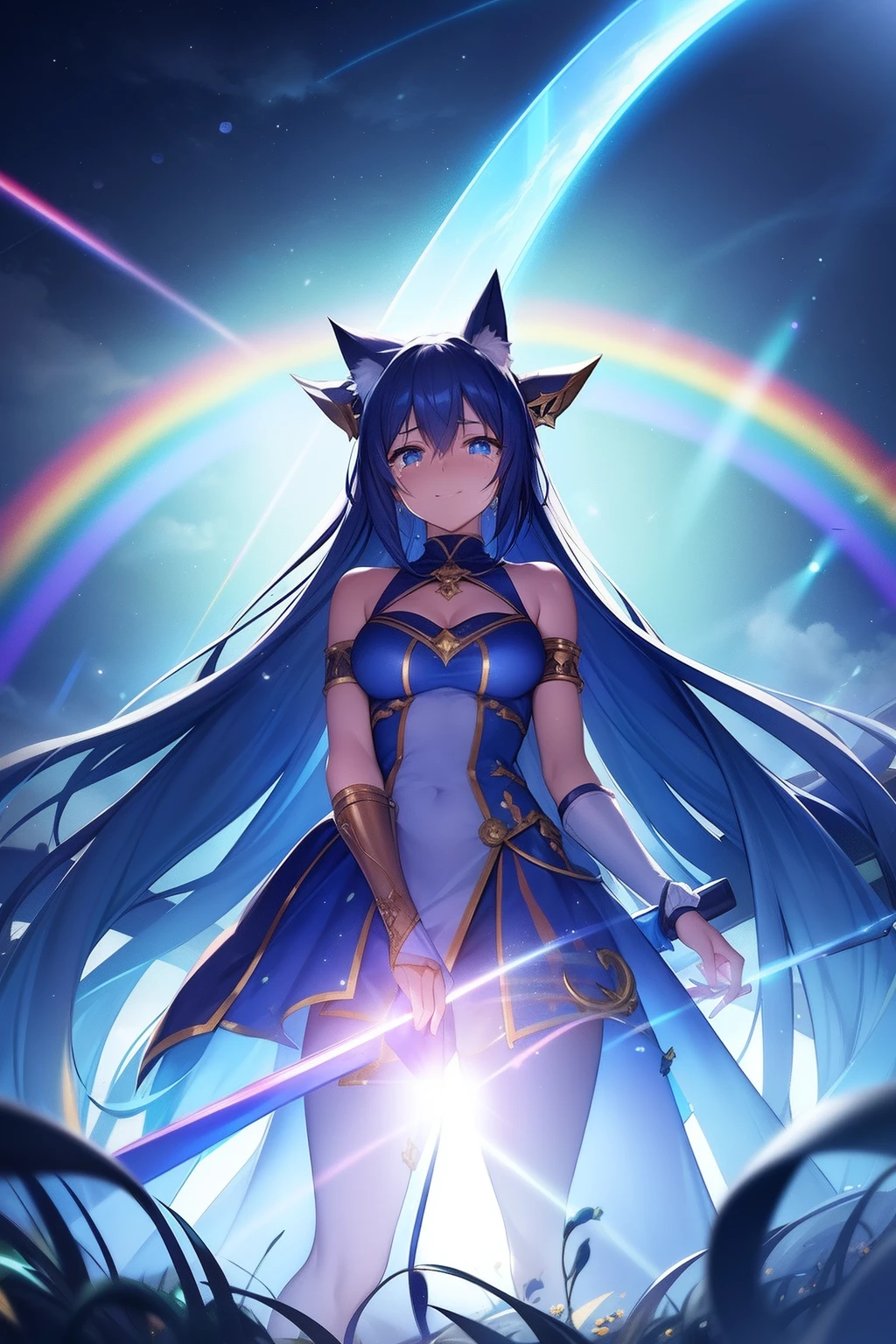 Gold Photo Frames,Cat's ears,hair is blue and long,Goggles shine on her head,Her skin is pale, She crosses her arms and smiles, An axe of light enveloped me like a serpent in an interstellar wind,Unleash the Blade of Light, Highest Quality, Carry a blue cloak with war maiden decorations,Raise the axe of the God of Destruction, ((sad))((Big tears)), 8 Blue Light Axe,Light slash,Lens Flare, Big rainbow,The moon shines,Star chips, bloom, ((light glow)), chromatic abberation], Digital Painting, Insane details, Intricate details, Beautifully color graded, Unreal Engine, Cinematic , colour grading, Editorial Photography , Photography, Photo Shot, Shot on 70mm lens, depth of fields, degrees of freedom, Tilt Blur, Shutter Speed 1/1000, h/22