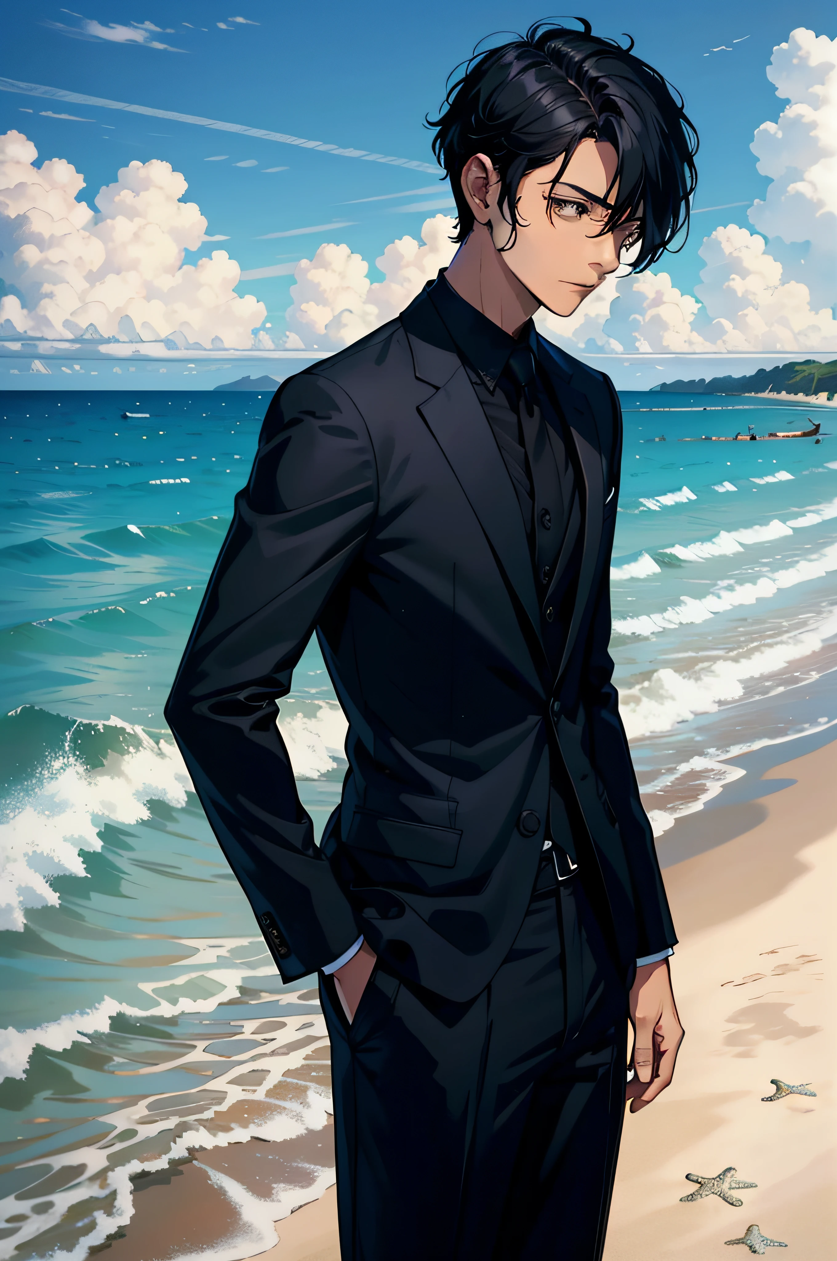 Best quality, masterpiece, comic,from_side, a young man with short black hair in a black suit, turning, embarrassing, beach,