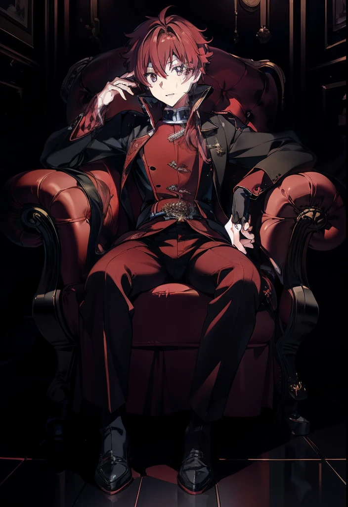 Issei Hyoudou,Use crimson colored suit,Sit on a chair