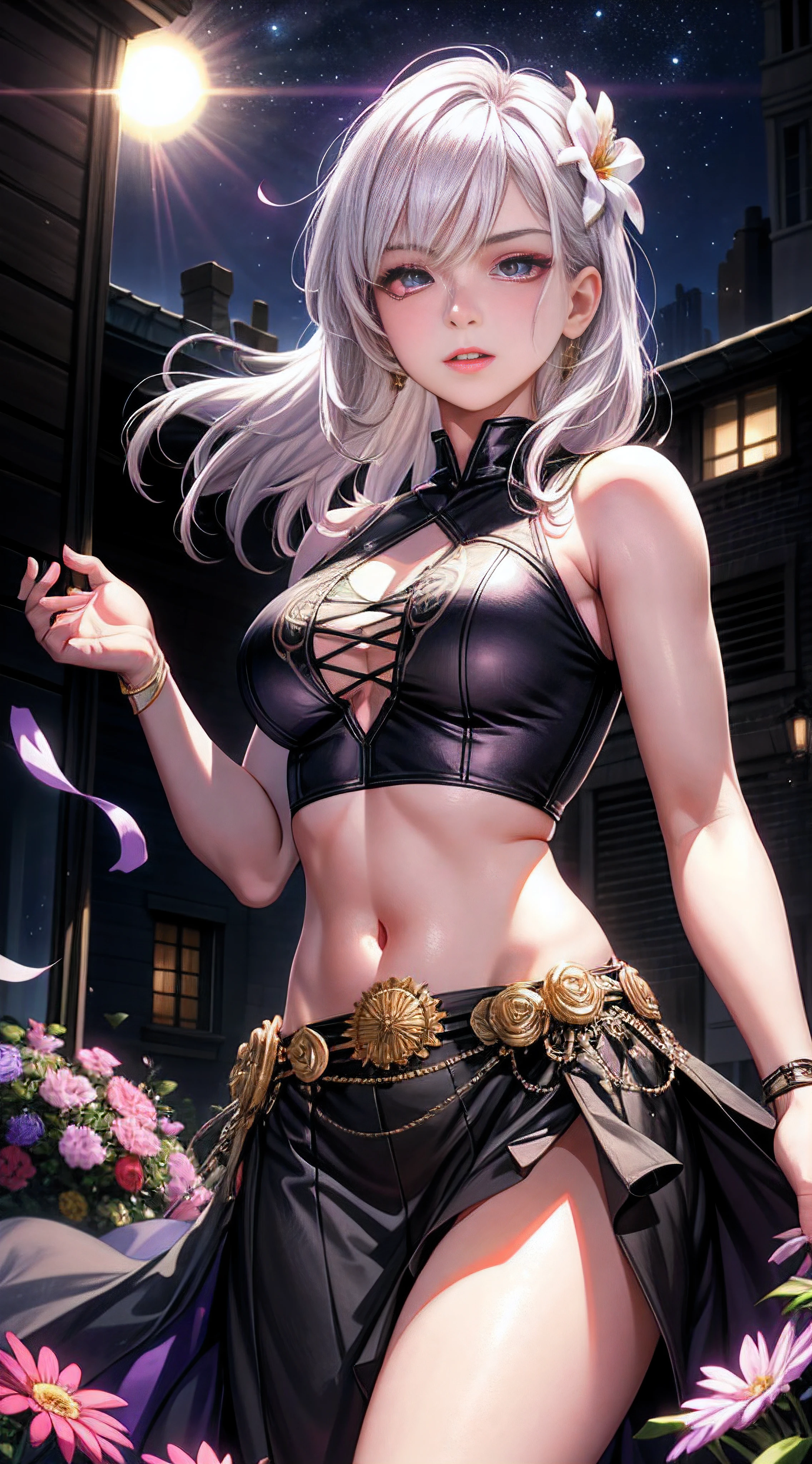 realistic, 1girl, white hair, purple eyes, glowing eyes, crop top, skirt, parted lips, blush, night, flowers, sun, sunlight,