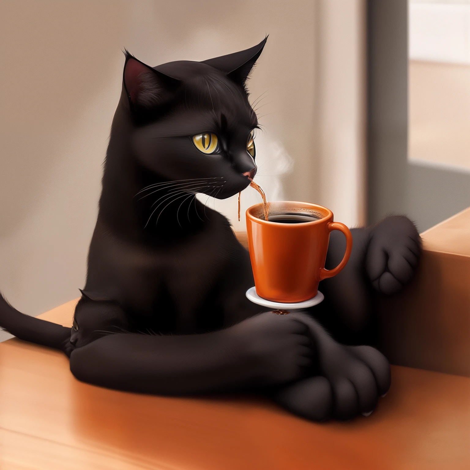Black cat drinking coffee
