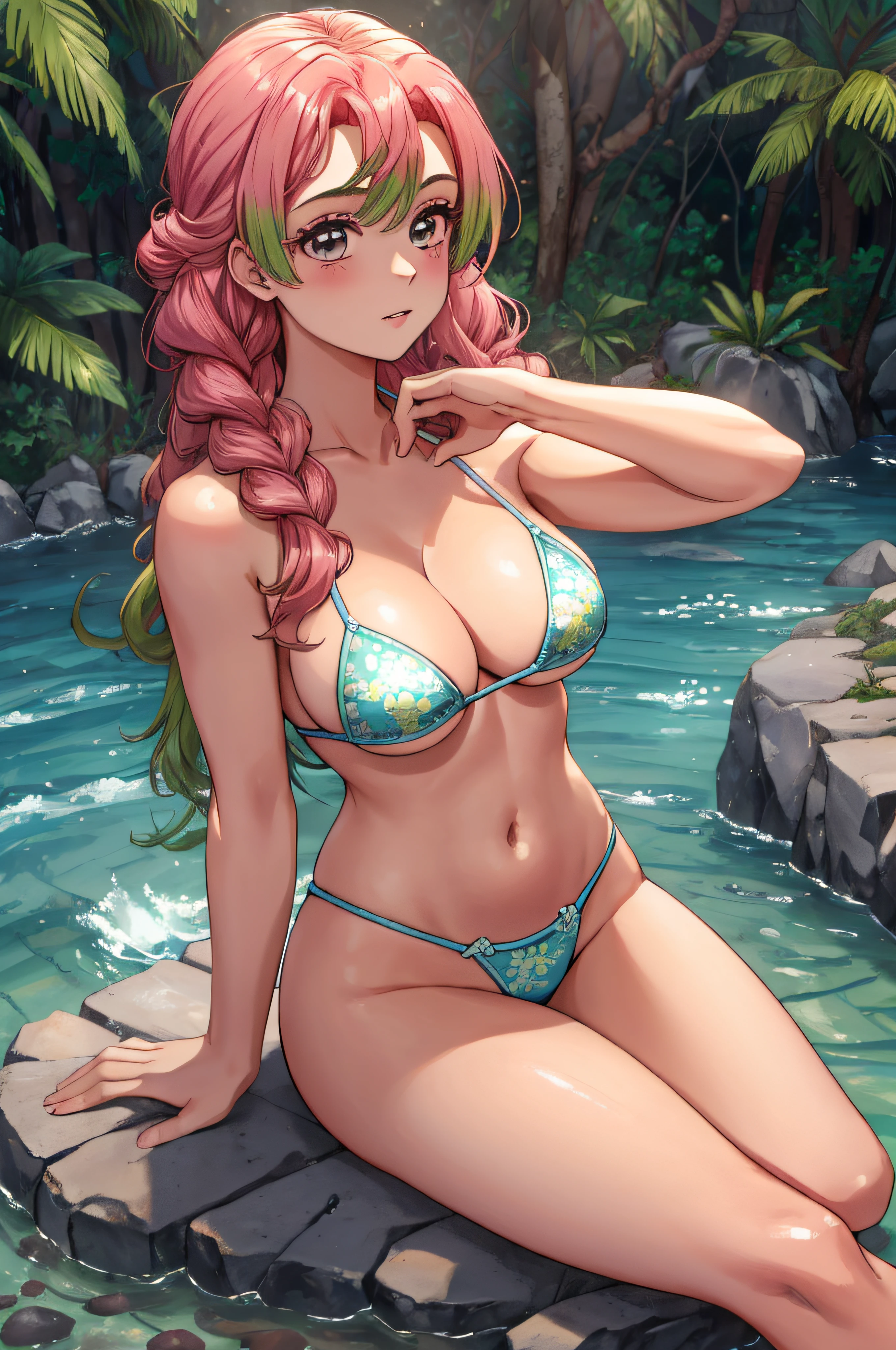 majo, (melhor qualidade, obra-prima, super detalhado: 1.5), perfect  lighting, brilhante, Alugar, Natureza, mitsuri, micro bikini, calcinha rosa