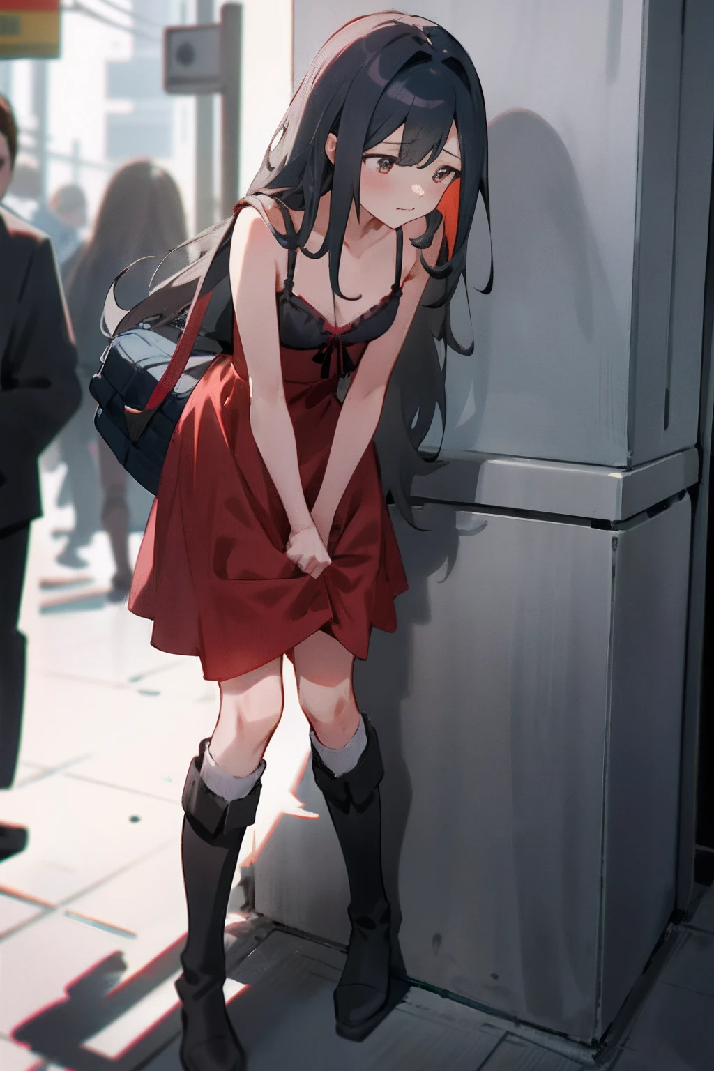 1 girl with long hair and dress，1 girl is taking to lavatory，looks away，are standing，embarressed，Be red in the face，Keep one's mouth shut，street corner（girl is peeing self：0.4），Riding boots，White bra