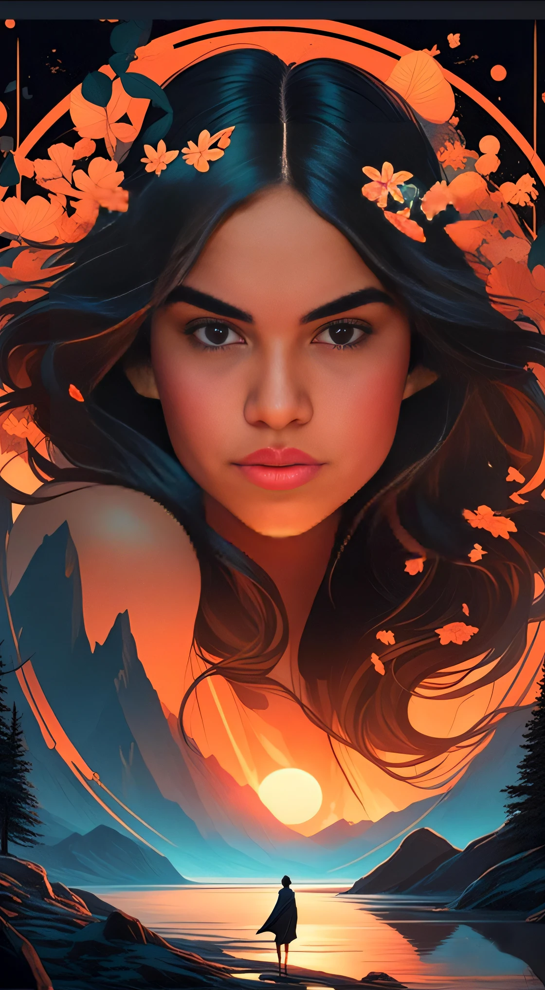 A woman with long hair and a wreath stands in front of a lake, estilo de arte charlie bowater, Jen Bartel, stunning digital illustration, Neoartcore e Charlie Bowater, Martin Ansin, Retrato da obra, Estilo de Charlie Bowater, Lois Ross, No estilo de Charlie Bowater, Charlie Bowater Cores Profundas Ricas
