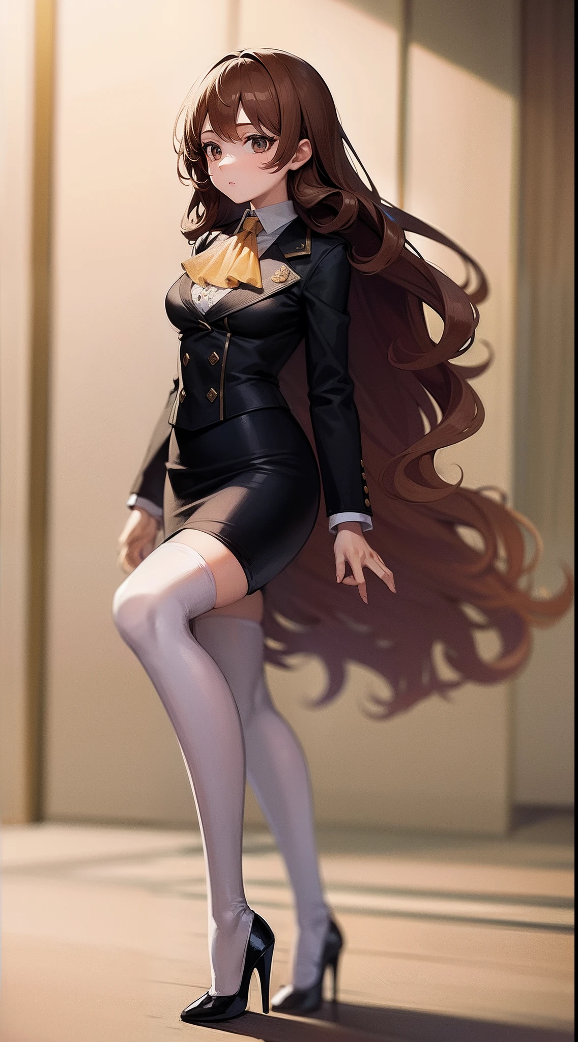 (Masterpiece, best quality), 1girl, solo, long hair, brown hair, curly hair, hazel eyes, jacket, juliet sleeves, ascot, pencil skirt, white thighhighs, high heels, full body