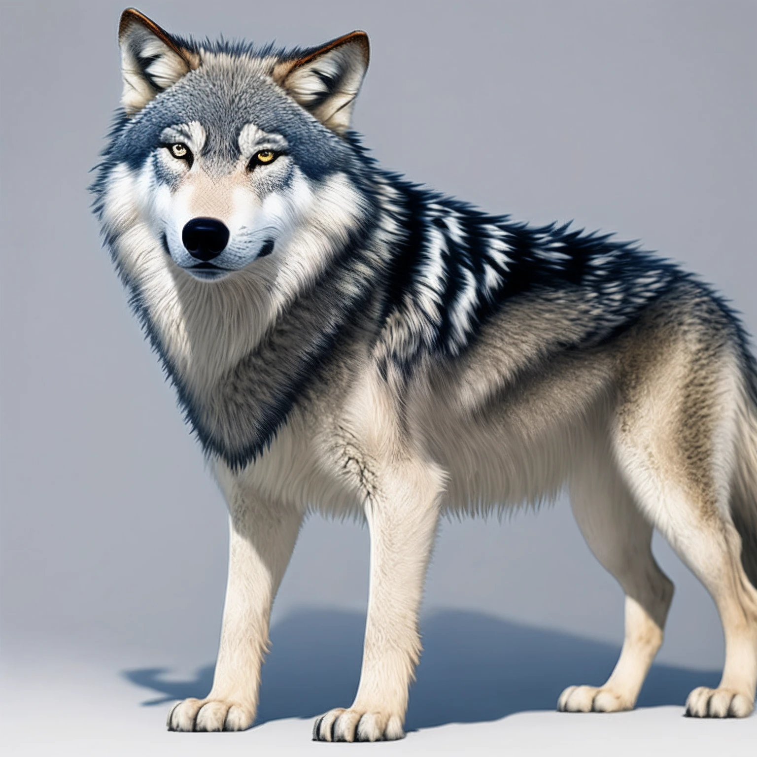 Wolf Boy,The fur is gray and white,grey-eyed,Single fluffy tail,black tanktop,grey shorts,Gray and white paws,White hand claws