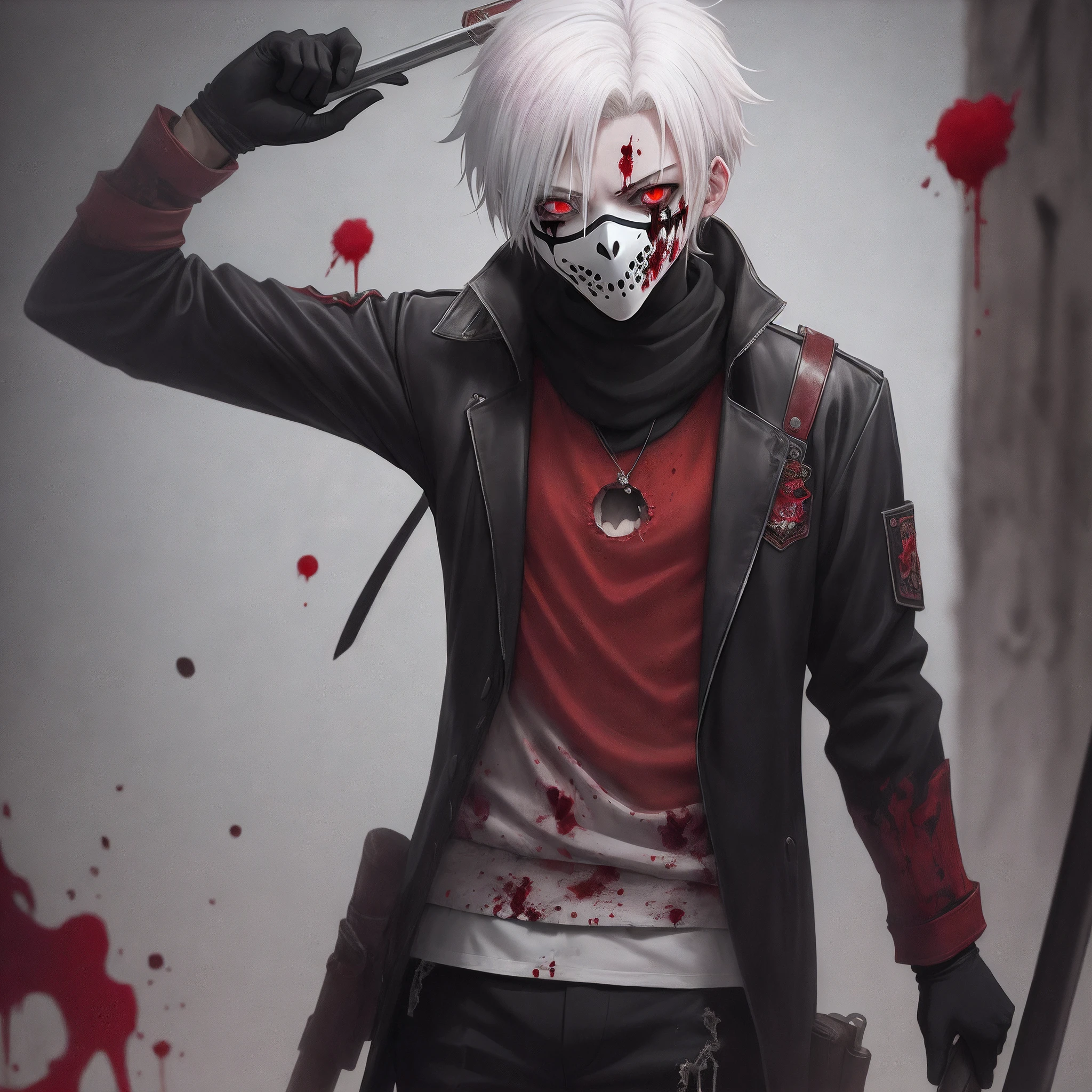 A boy in anime wearing like a ripper with two sickles with a white hair and blood stains on his gloves with a black ripped clothes and a mask that covers his hole face that looks like a devil that has a red shade in them and scars with red eyes
