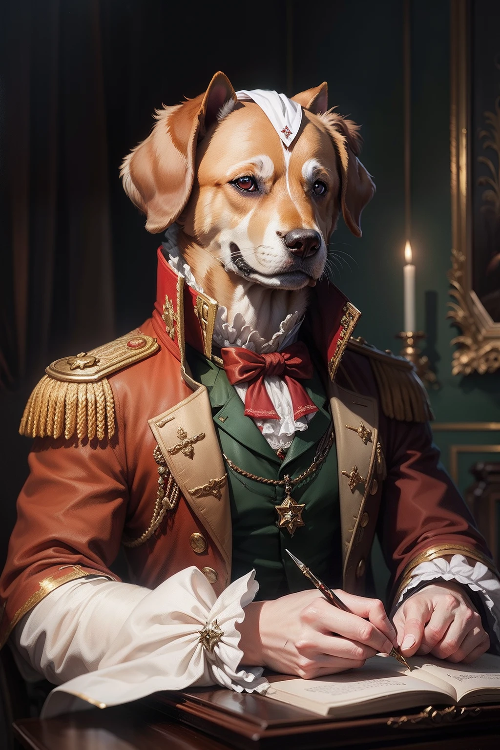 A dog wearing Napoleon's clothes, oil painting style --iw 2