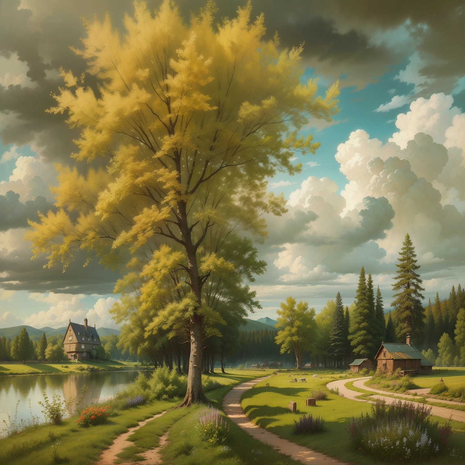 Oil paints，acrycle painting，tmasterpiece，Renaissance style，best qualtiy，Golden space，idyllic scenery，Lodge，The tree，florals，grassy，Skysky，​​clouds，ssee-through，Realist landscape painting，author:Levitan，Itinerant school