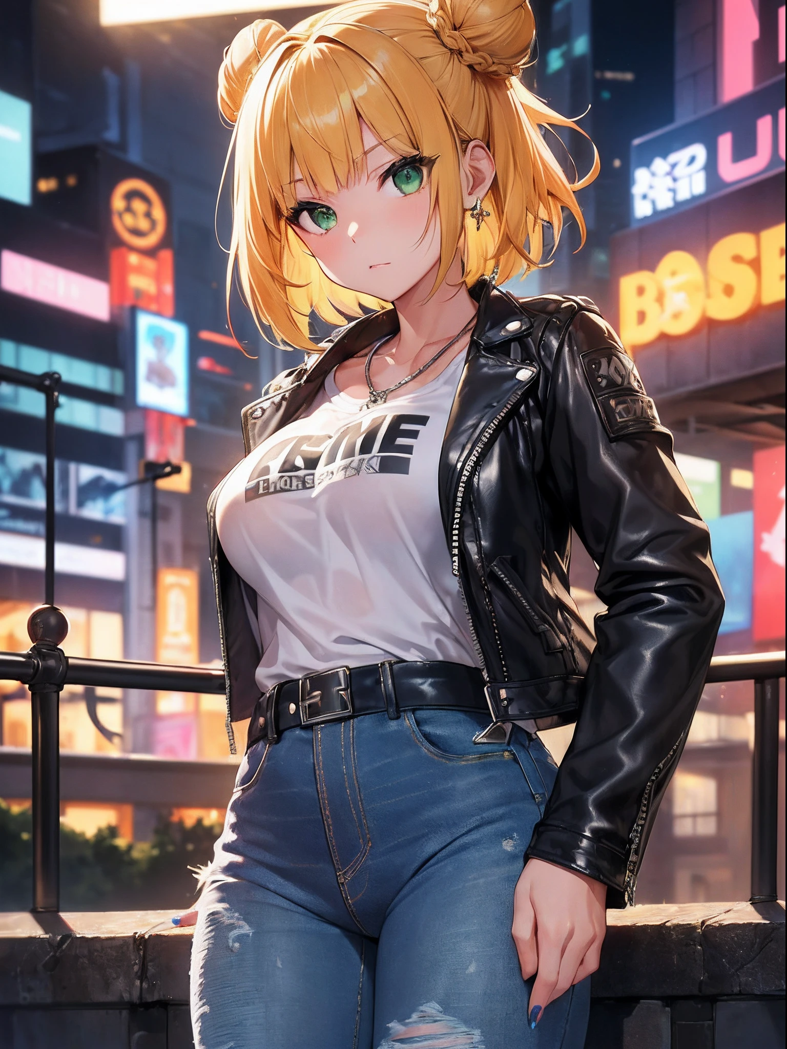 16K, HDR, UHD, best quality, masterpiece, anime style, beautiful young woman, (((16year old,perfect body,Bishojo))),(highly detailed background:1.1),(small dazzling diamond earrings),nice hands, perfect hands,extremely detailed eyes,(((green eyes))),(((detailed description of hair))),(((short hair:1.1))),(((two buns))),((shiny hair)),(((blonde hair with orange tips))),(blunt bangs),white skin,(((confident stance with one hand on the hip, showing off the studded belt, while the other hand is in her jeans pocket, exuding attitude and style.))),(((In the heart of the USA, at 9:25 PM, we draw inspiration from a young New York native in the Bronx. She stands amidst the cacophony of the perilous Hunts Point neighborhood at night, her micro braids hairstyle framing her determined face. The noisy street envelops her, a relentless urban symphony. Amidst the chaos, the night breeze carries whispers of the city's secrets, leaving delicate droplets on her skin. These glistening traces are a testament to her resilience, a quiet beauty amid the chaos of her environment. In this vivid juxtaposition of danger and serenity, a captivating image emerges, capturing the essence of her unwavering spirit amidst the turbulent night in the Bronx.))),BREAK (((high-waisted distressed jeans))),BREAK (a cropped Eminem graphic tee),BREAK (((leather biker jacket))),BREAK (((chunky sneakers, colorful statement nails.))),BREAK (studded belt, a blingy chain necklace, crossbody bag with graffiti-style art),(((gleaming skin))),(((large breasts,huge breasts,big breasts:0.6))), cowboy shot, full body photo,(((1/3 body))), hyperdetailed face, complex, perfect, model, textured, chiaroscuro, professional make-up, realistic, rough, dominating, figure in frame, by WLOP, cinematic lighting, award winning, RTX, ray tracing, hyper realistic