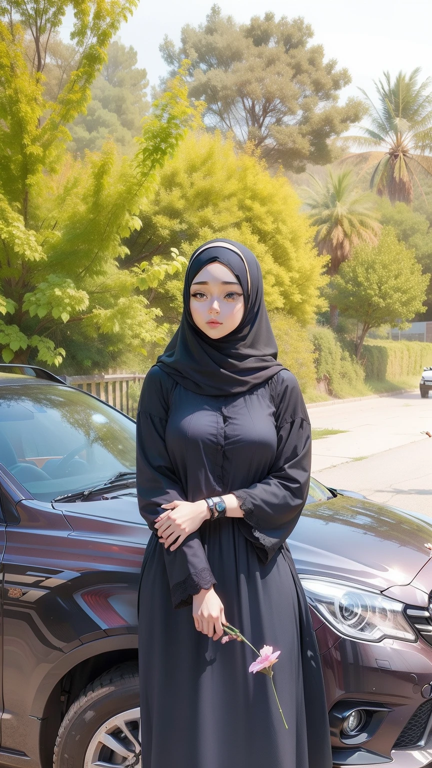 Cute anime girl character with hijab, holding a flower in hand, there's a car in her back