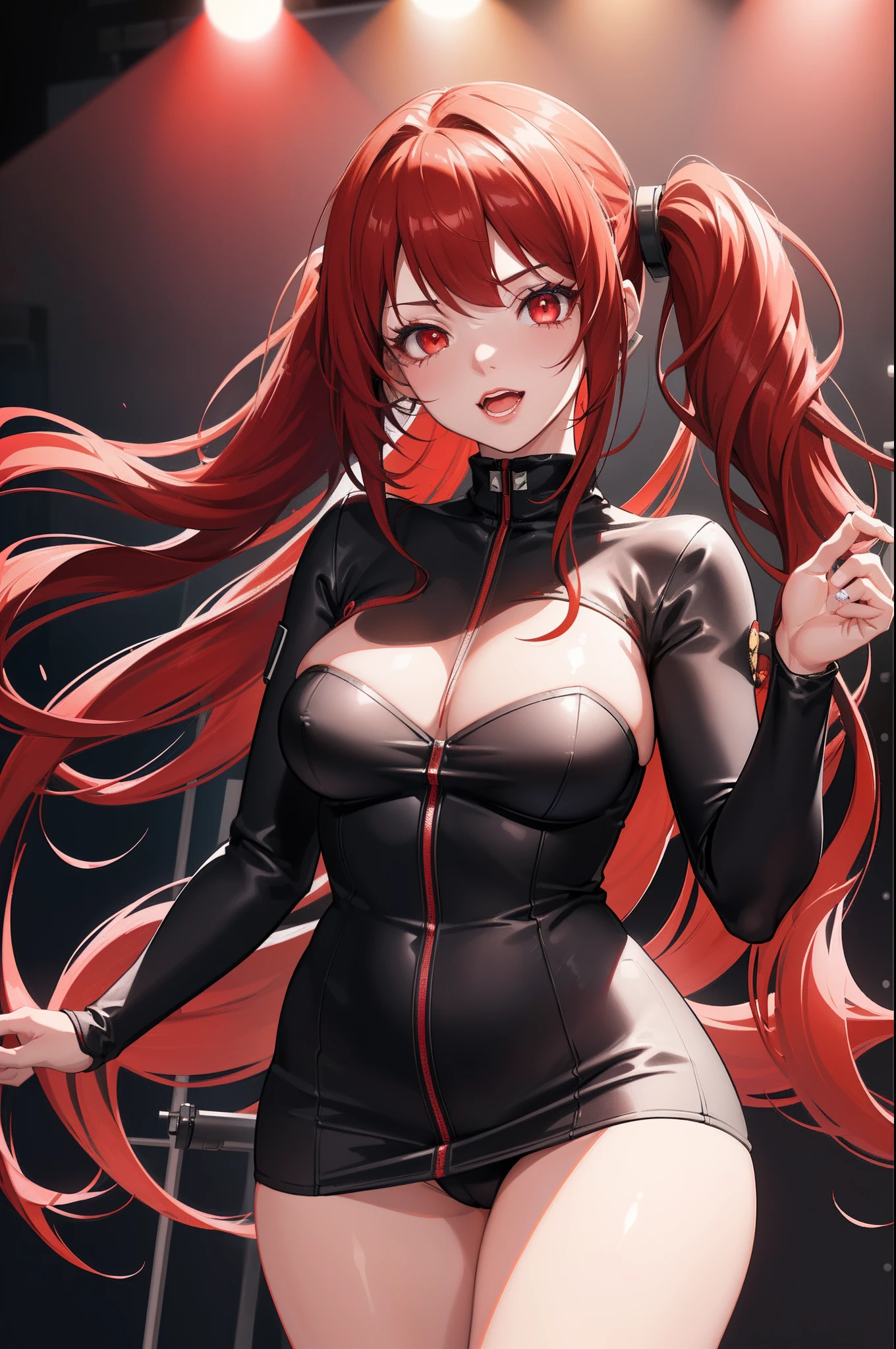 1girl, beautiful girl, Body Length 150 cm, 20 years old, ((black hair, twin tails Hairstyle, (Red Hair Dye, PeekABoo Underlights Style Hair Dye)) , ((Red eyes)), realistic eyes, beautiful and sharp eyes), ((idol clothing)), medium breasts, ((she holds a microphone and sings happily on stage in front of the crowd)), happy face, smiling, (8k wallpaper), ((red lights color, concert on stage wallpaper)) 8k, high quilty, realistic, beautiful realistic, Cool details, raw photo, realistic clothing, black hair, realistic hair, ((red eyes)), realistic eyes, Light and cool lighting, photo realistic, Cel shaded, Gel lighting, ultra details, ((idol girl))