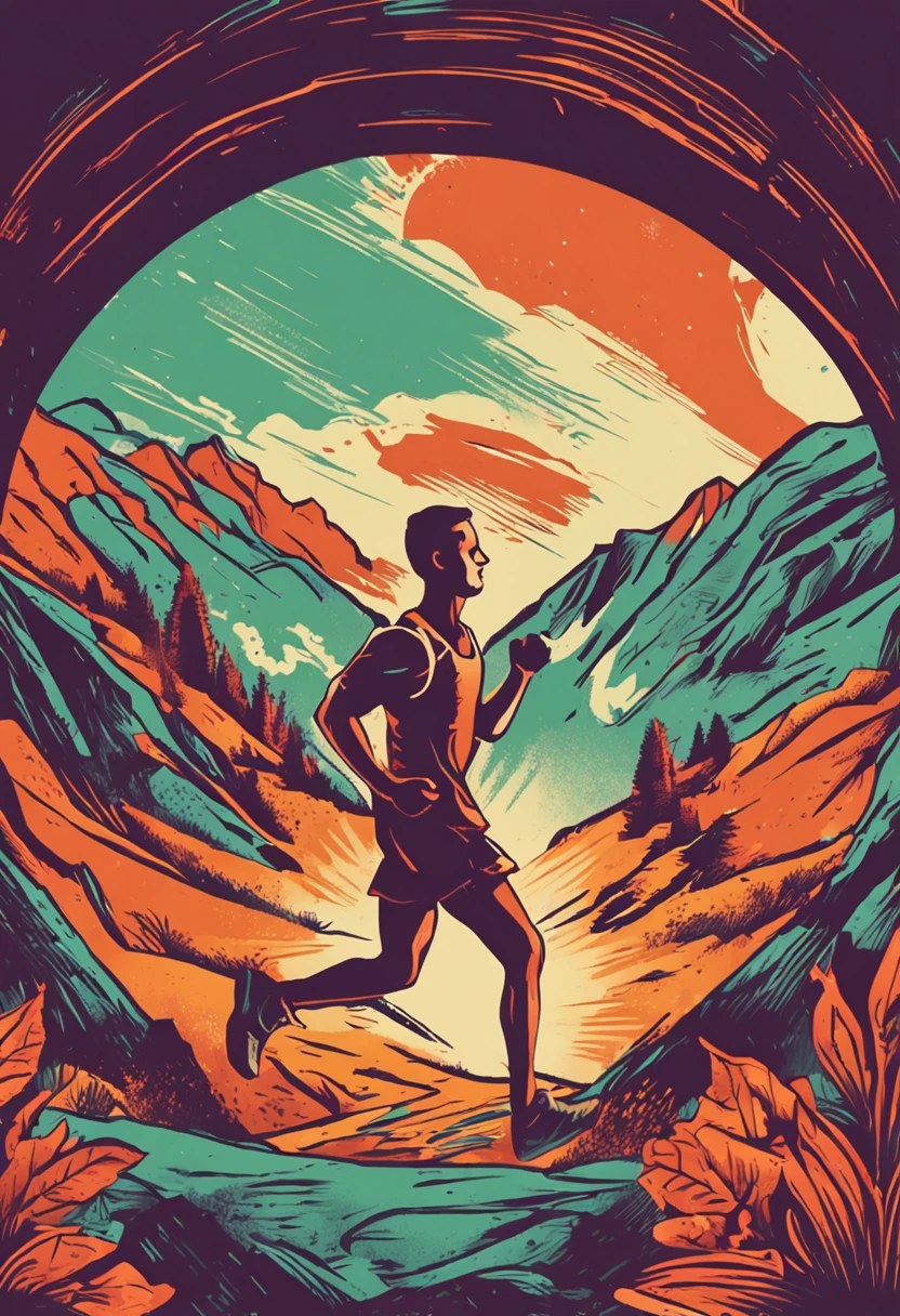 Colorful vintage style illustration, retro, estilo cartaz russo, trail runner de corpo inteiro, perfect hands, ultradefinição