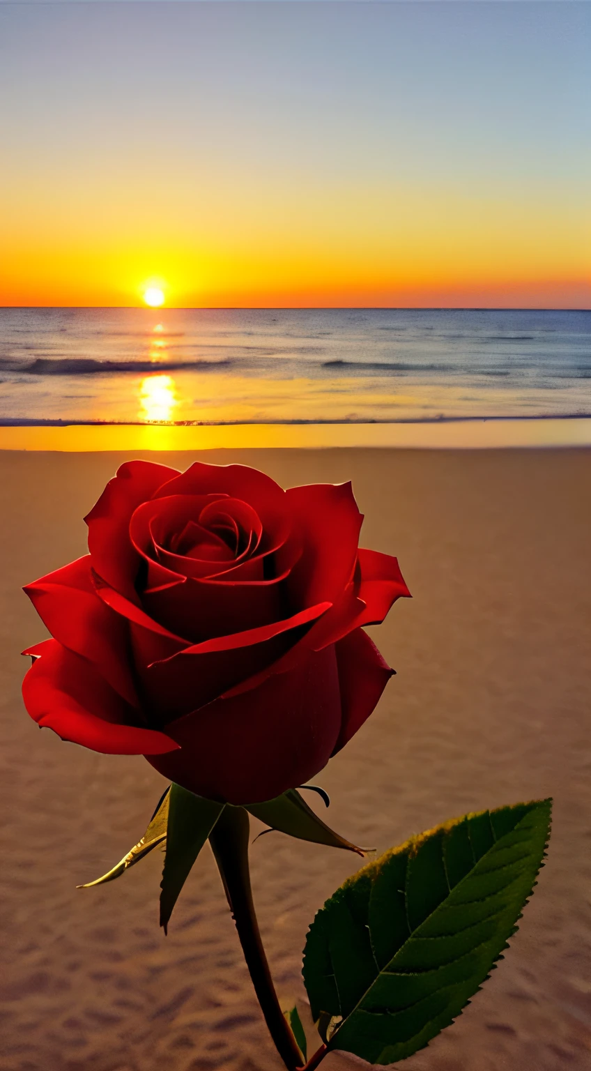 Close-up shot, a rose flower, the background is the gorgeous sunset by the sea, real texture, warm