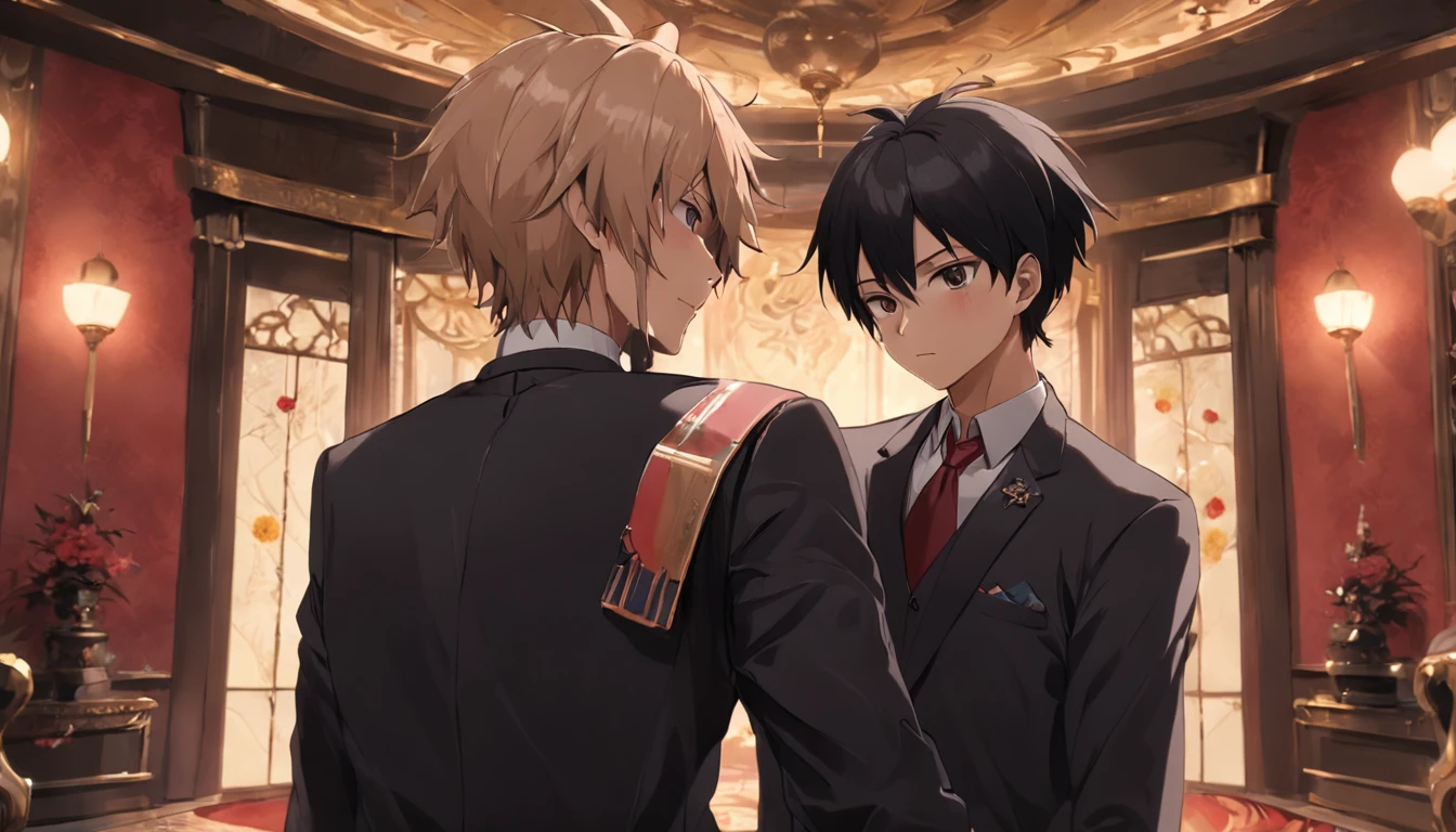 A handsome boy,Wear a noble suit,Take the credit card and hand it to the middle-aged man,The background is a gorgeously renovated room