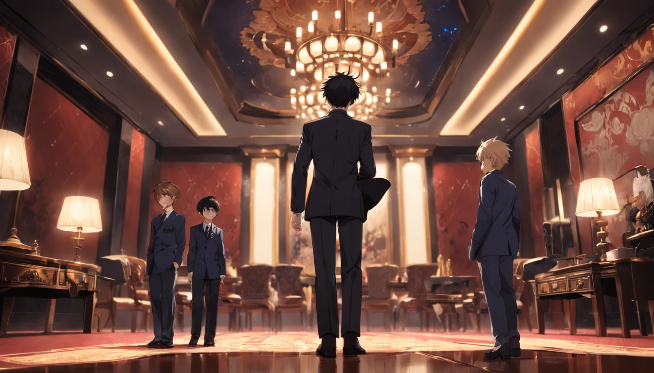 A handsome boy,Wear a noble suit,Take the credit card and hand it to the middle-aged man,The background is a gorgeously renovated room