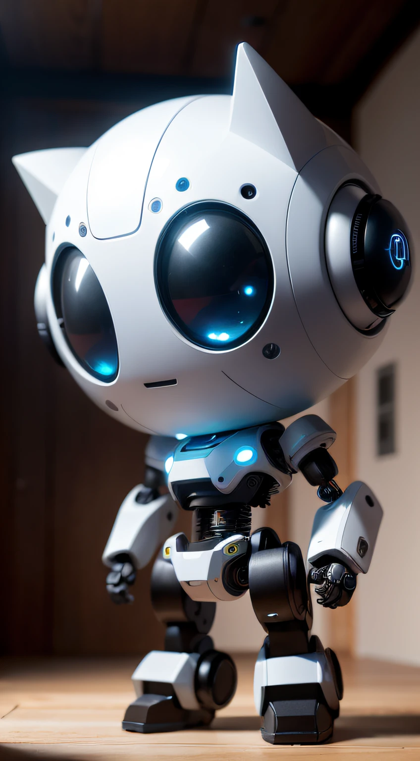 There was a robot standing on a table, Cute humanoid robot, small spot light on robot, Cute robot, humanoid robot close up, adorable friendly robot, close-up of a robot sitting down, robot photography, Machine eye, Robot eyes, futuristic robotic, round robot, Open the robot's eyes, Robot eyes, Robot eyes, portrait of a futuristic robot，Headset printed with "Smart Code AI"