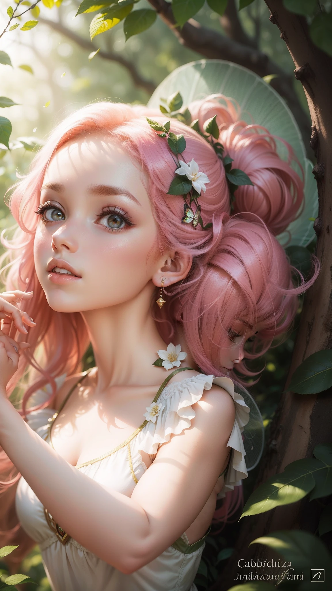 Polegarzinha, linda fada, cabelo iluminado, cabelo realista, fairy girl, girl with wings, jardim de rosas, linda natureza, plano de fundo com jardim, alta qualidade, super detalhado, pintura realista.