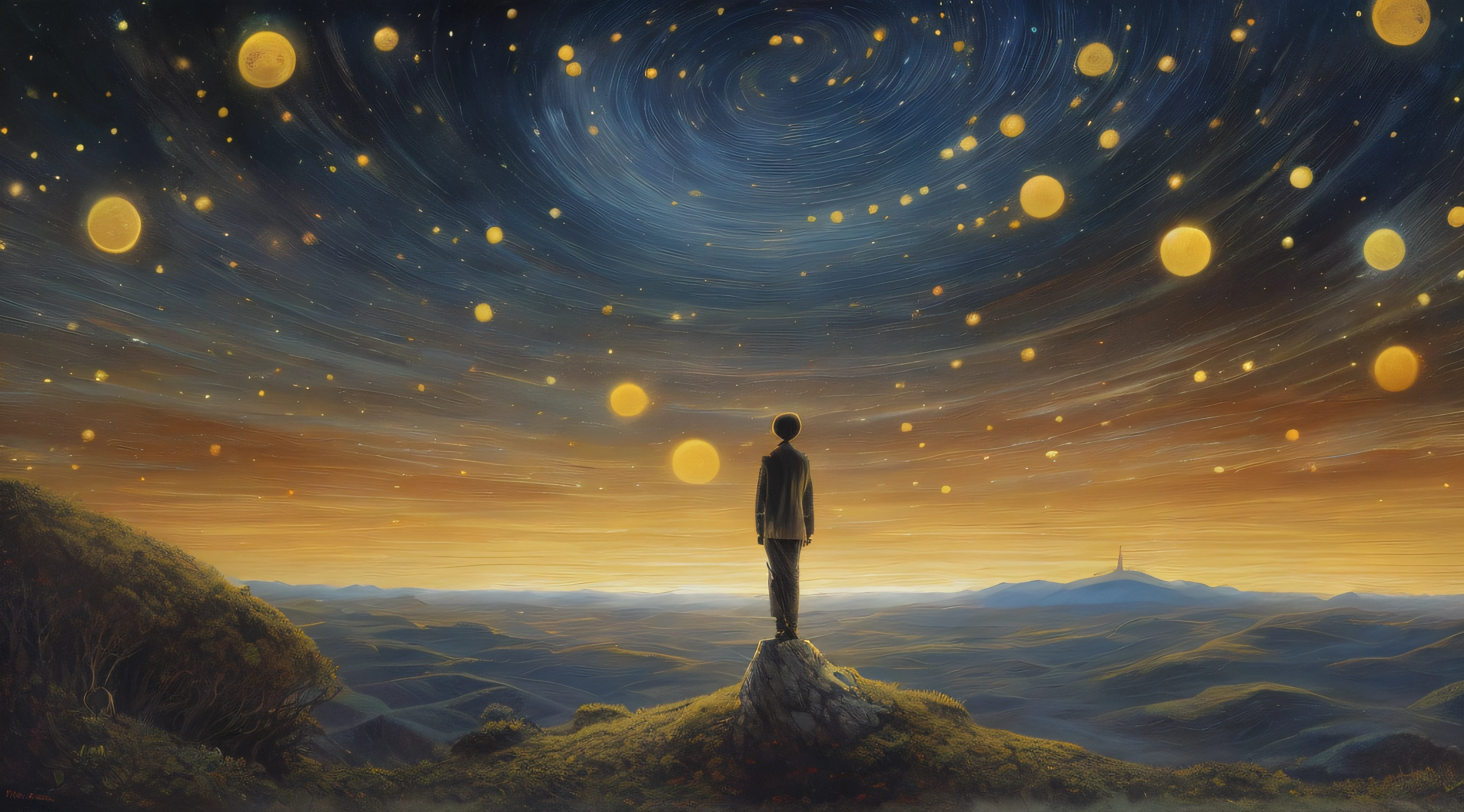 Painting of a person standing on a hill looking up at the sky, Por tomasz alen kopera, Dan McPharlin, Zdzislaw Beksisnski, Inspirado em Tomasz Alen Kopera, astral appearance, rob mcnaughton, Directed by: Alexander Kucharsky, Directed by: Christophe Vacher, Olhando para o cosmos, arte surreal