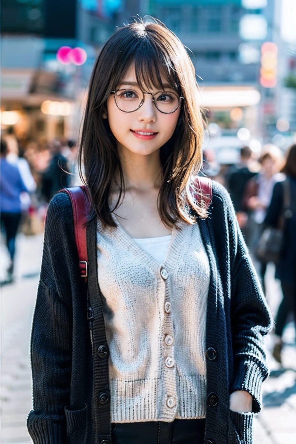 (8K、Raw photo、highest quality、masterpiece:1.2)、(realistic、Photoreal:1.37)、super detailed、Super high resolution、1 girl、see the beholder、beautiful and detailed face、A smile with a little visible teeth、narrow、(slim waist) :1.3)、((Wearing a cardigan))、pastel clothing、Beautiful and smooth skin、skin texture、floating hair、((Fluffy hairstyles))、good shape big breasts、professional lighting、In front of the station at noon、((Black square glasses))、human body as a whole、black hair、((Have a small handbag))、Pay attention to your audience、A newscaster sitting on a chair with a desk in front of him.NewscasterNewscasterNewscaster