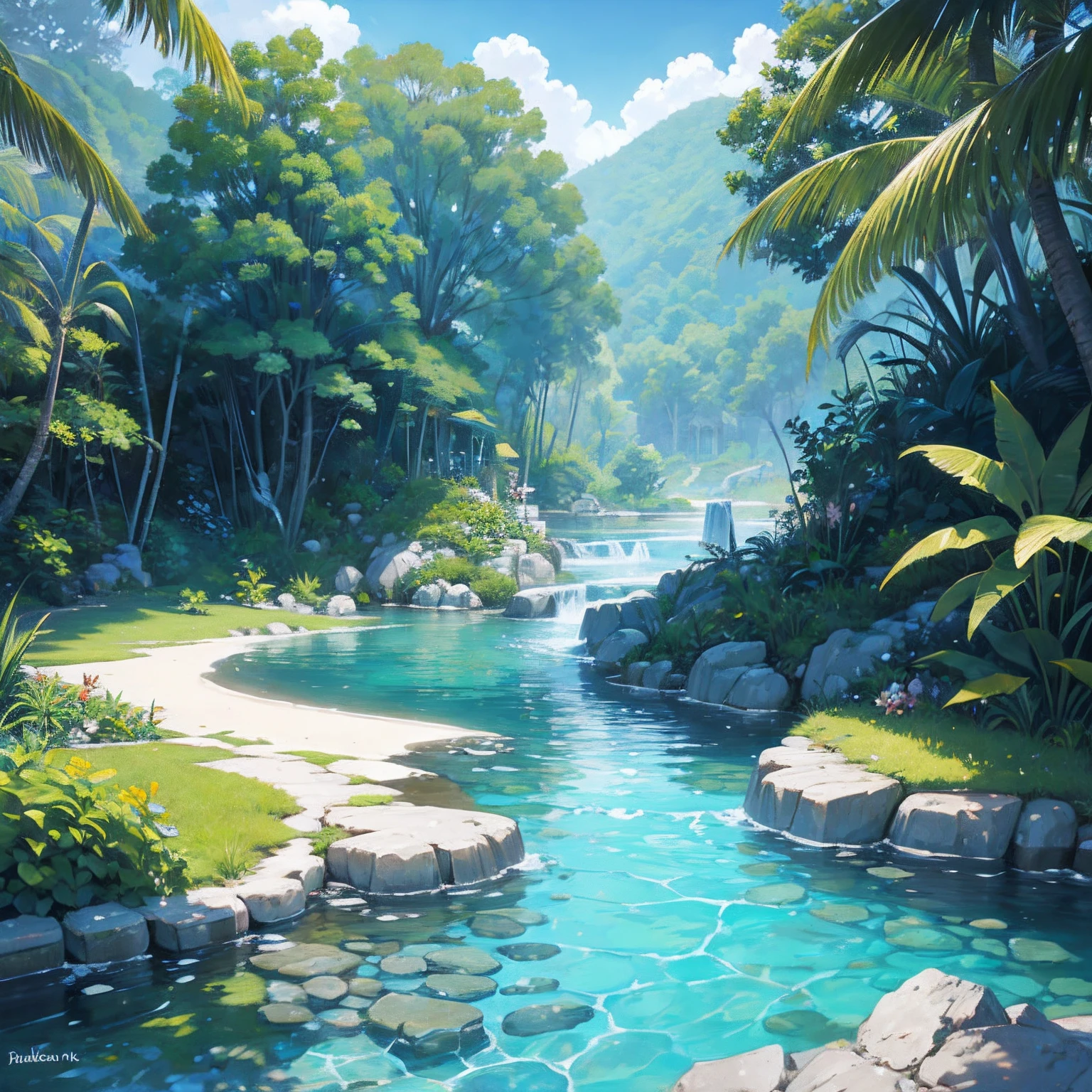 A tropical land with river and small rocks, crystal-clear water, 8k, printable --auto