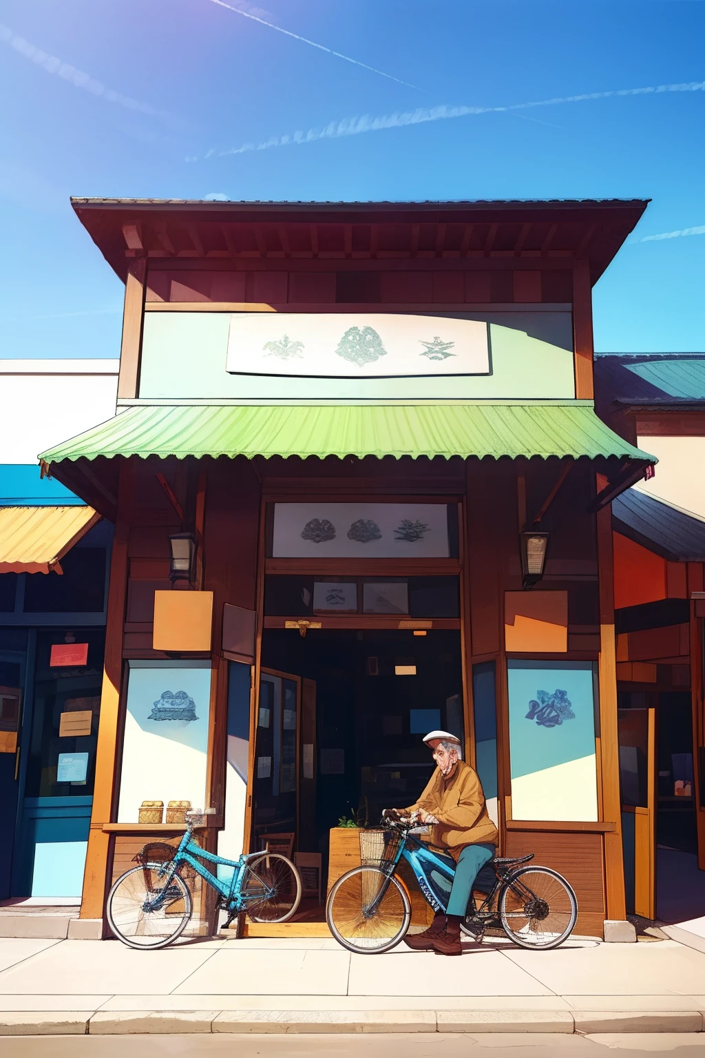 Old man in front of the store，Canvas canopy，bikes