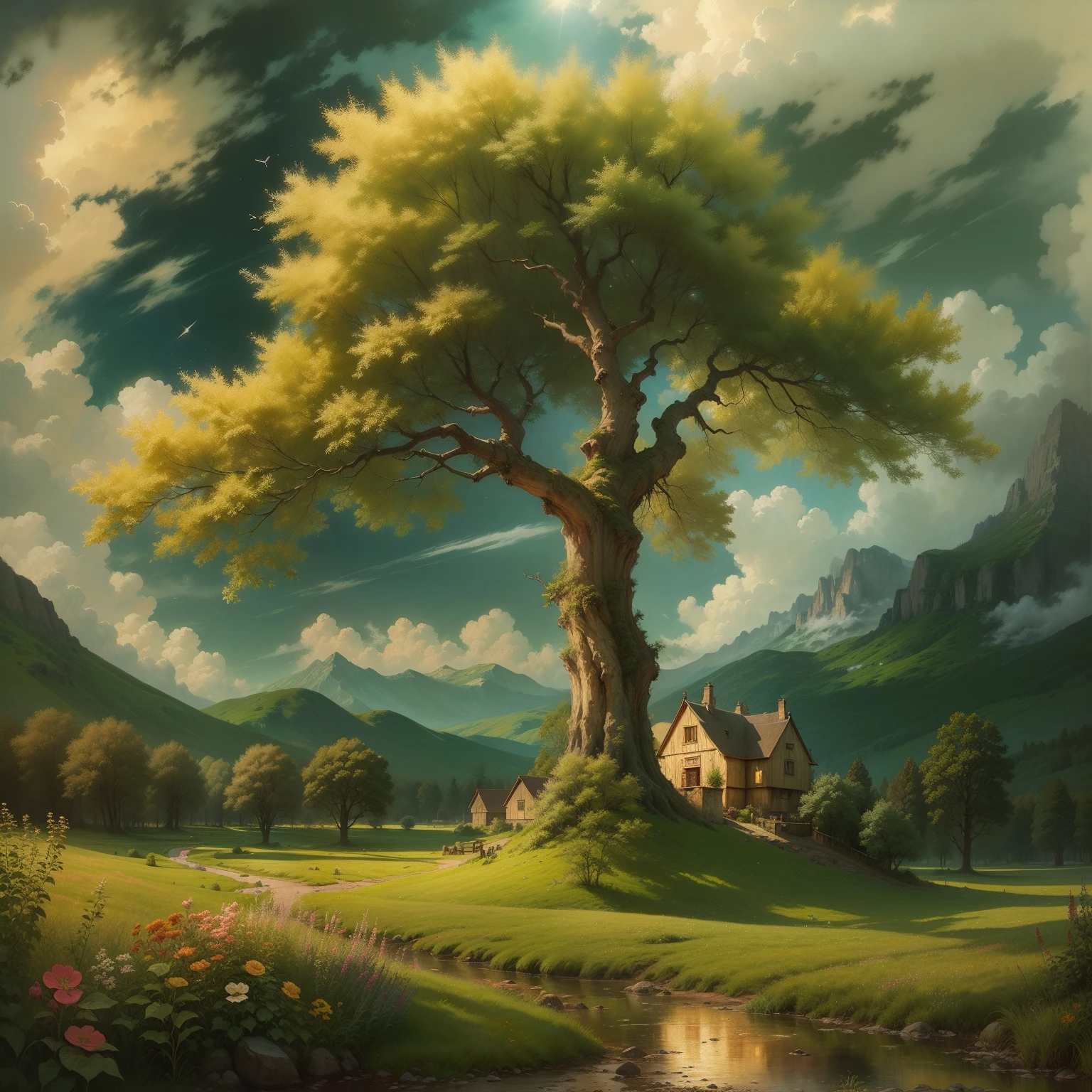 Oil paints,acrycle painting,tmasterpiece,Renaissance style,best qualtiy,Golden space,idyllic scenery,Lodge,The tree,florals,grassy,Skysky,clouds,ssee-through,