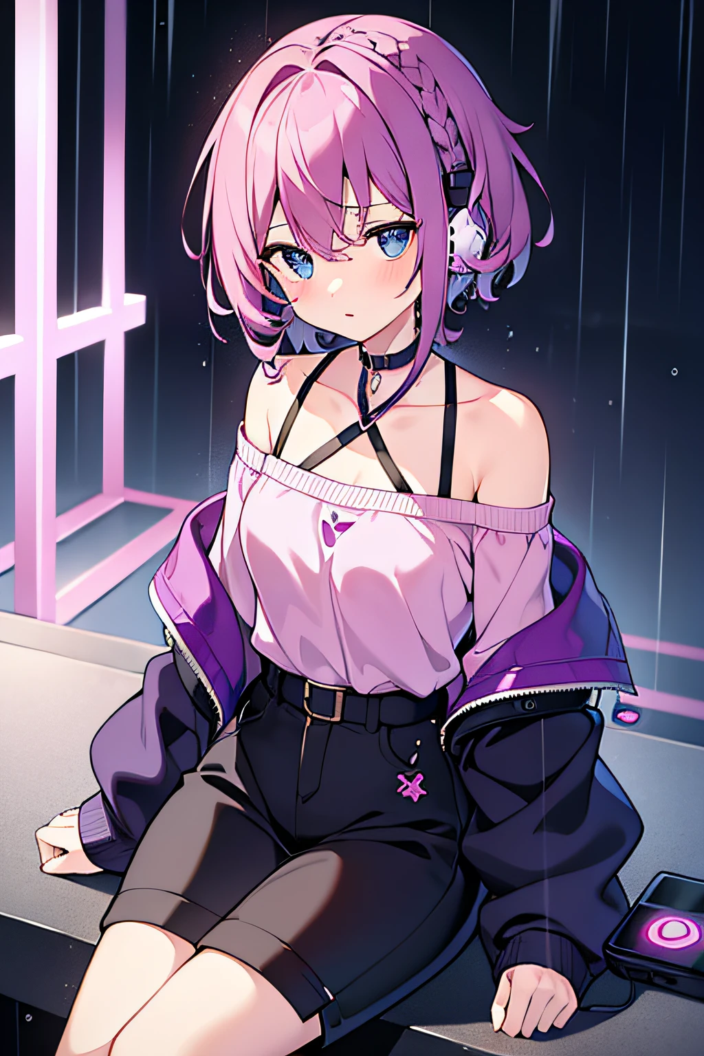 masterpiece, best quality, 1girl, short hair, (shoulder-length hair), (purple hair), curly hair, side braid, blue eyes, sharp eyes, expressionless, pink off shoulder blouse, black pants, many piercings, in the corner of an alley, in the night, ((wearing headphone)), ((with headphone in one's ears)), ((holding a mp3 player)), sitting, ((raining))