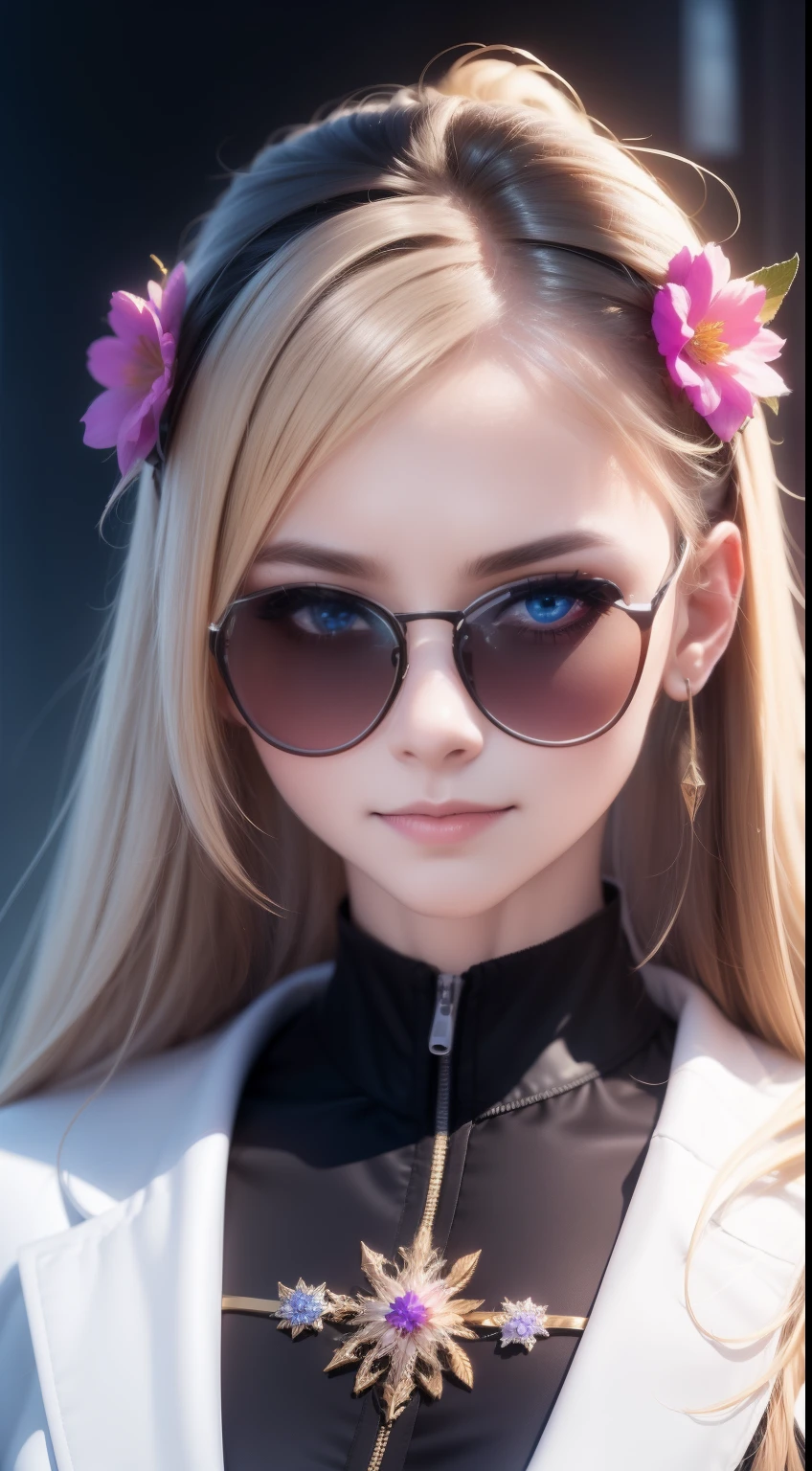 absurderes,A high resolution,(Close-up:1.2),the sideview, (1female:1.2), long whitr hair, Complex hair, colorfulhair,Wearing sunglasses, Dynamic hair, shinning eyes, The art of calligraphy, caligraphy, Intricate attire, (s fractal art:0.9), (the complex background:1.1), The flower effect, DNA effect, White effect,