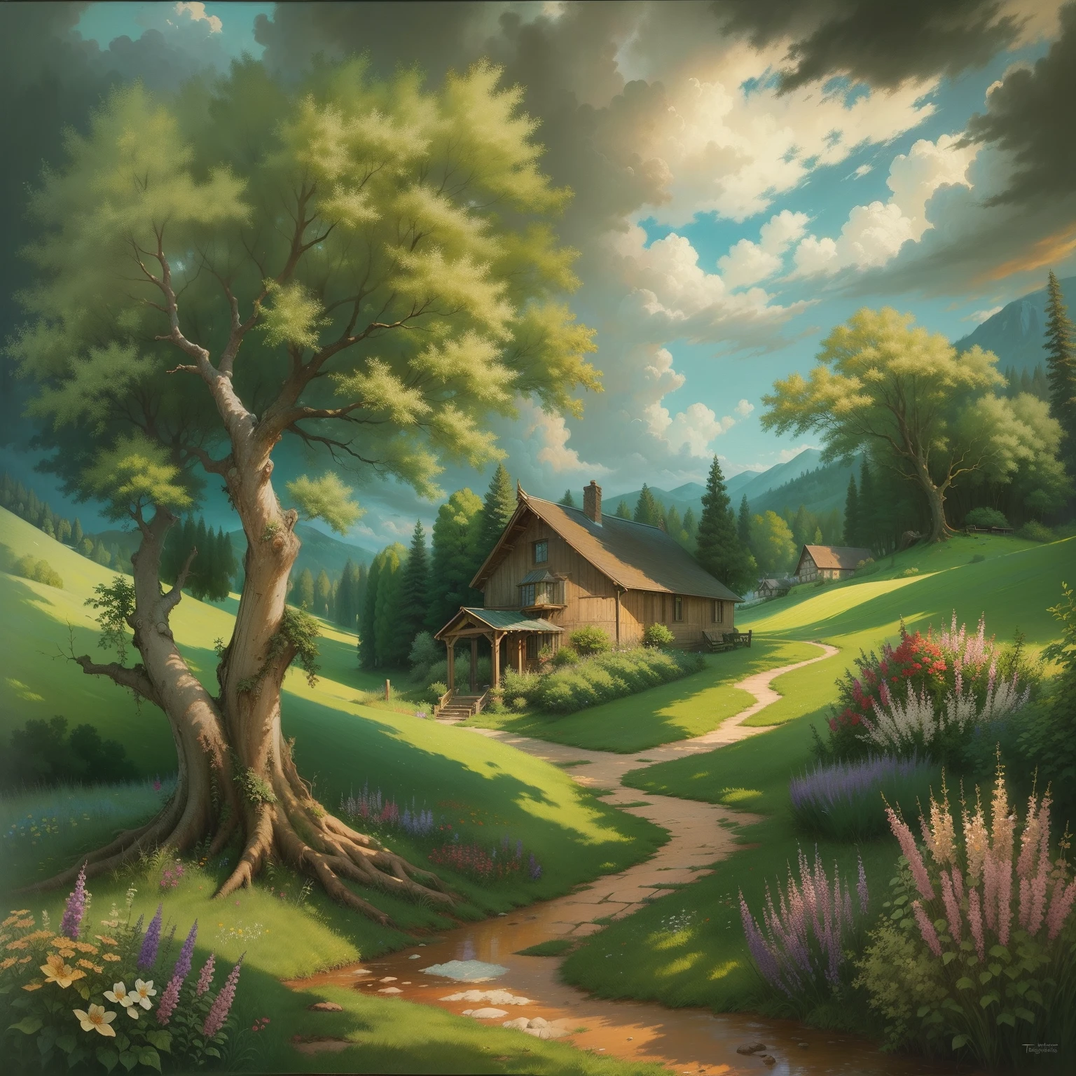 Oil paints,acrycle painting,tmasterpiece,Renaissance style,best qualtiy,idyllic scenery,Lodge,The tree,florals,grassy,Skysky,clouds,ssee-through,
